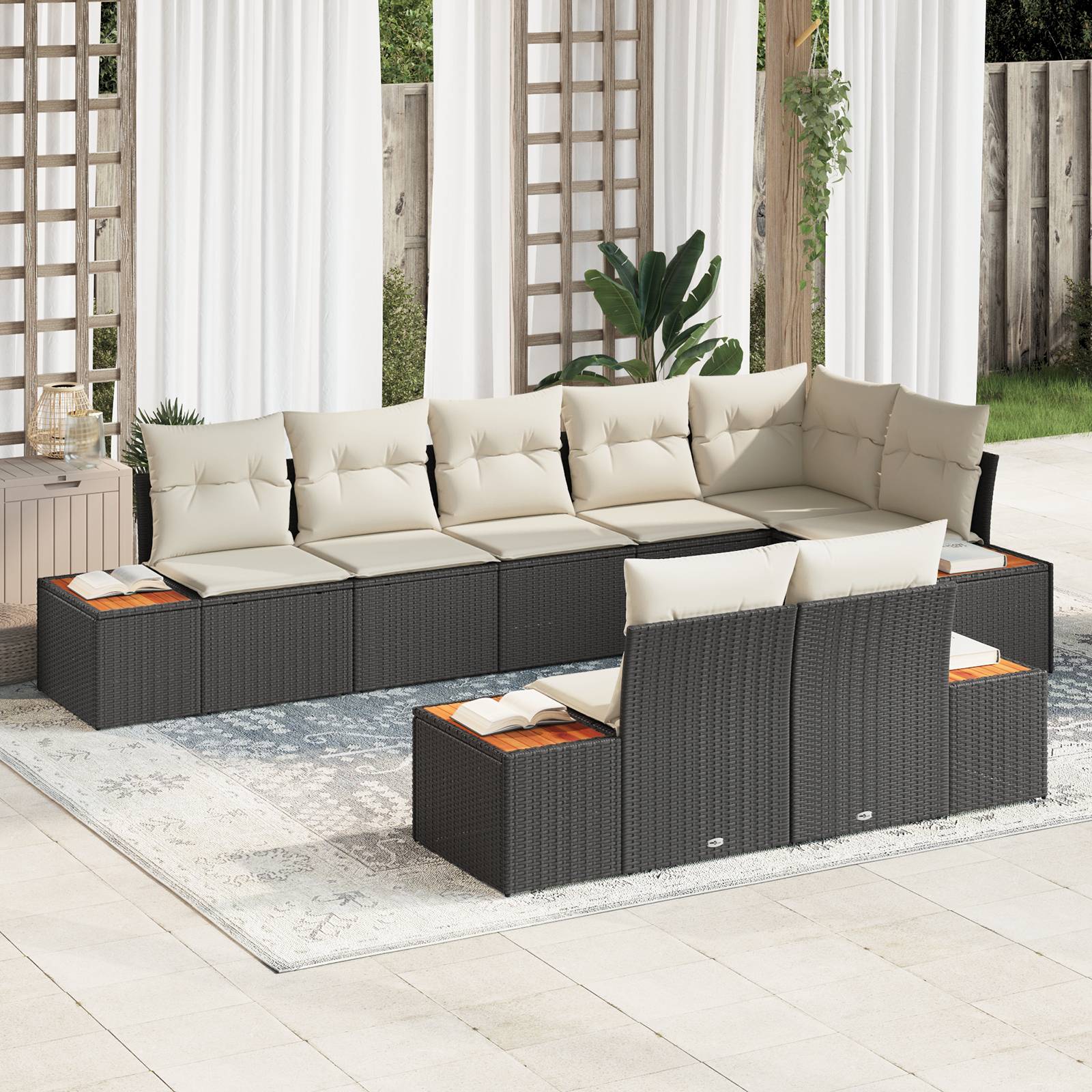 vidaXL 8-teiliges Garten-Sofa-Set mit Kissen - Schwarzes Polyrattan & Akazie
