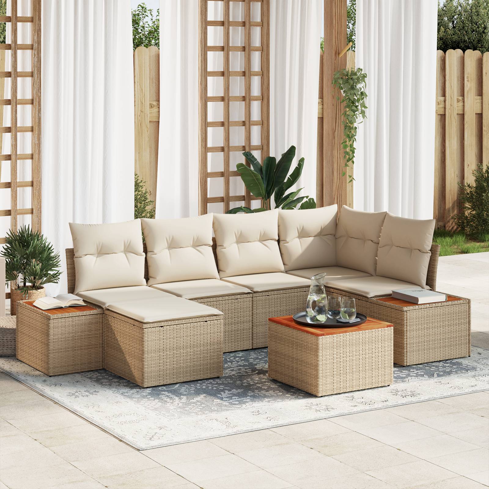 vidaXL 7-teiliges Garten-Sofa-Set mit Kissen Beige Poly Rattan Akazie