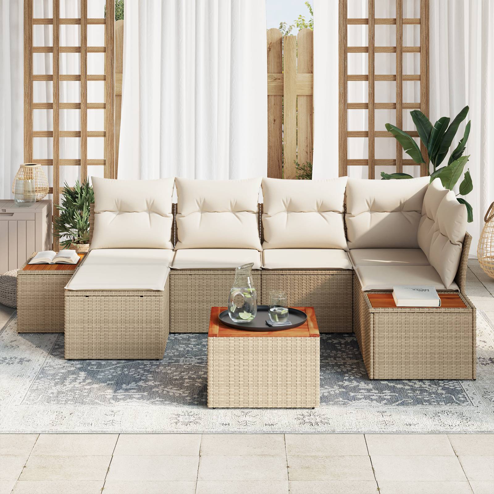 vidaXL 7-teiliges Garten-Sofa-Set mit Kissen Beige Poly Rattan Akazie