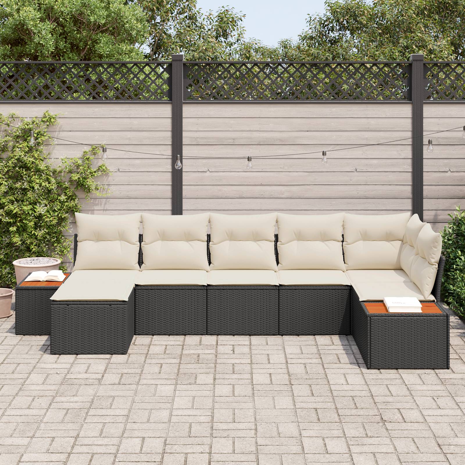 vidaXL 7-teiliges Garten-Sofa-Set mit Kissen Schwarz Poly Rattan Akazie