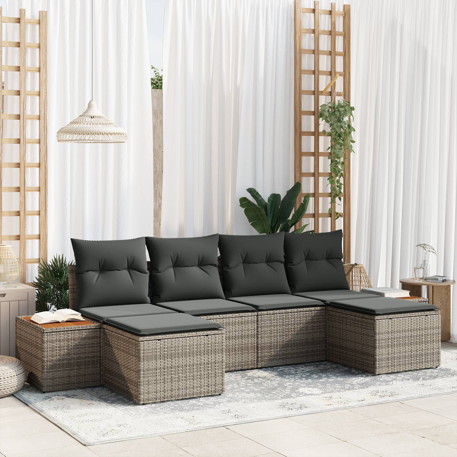 vidaXL 6-teiliges Garten-Sofa-Set mit Kissen Grau Poly Rattan Akazie