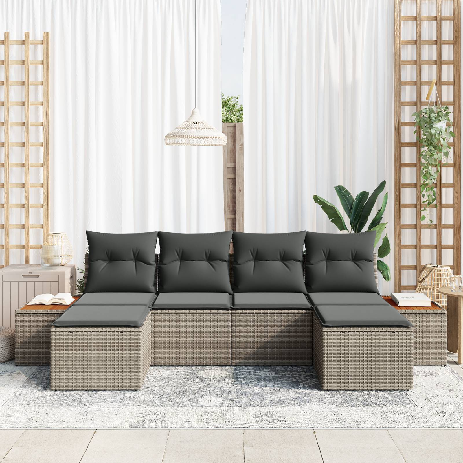 vidaXL 6-teiliges Garten-Sofa-Set mit Kissen Grau Poly Rattan Akazie