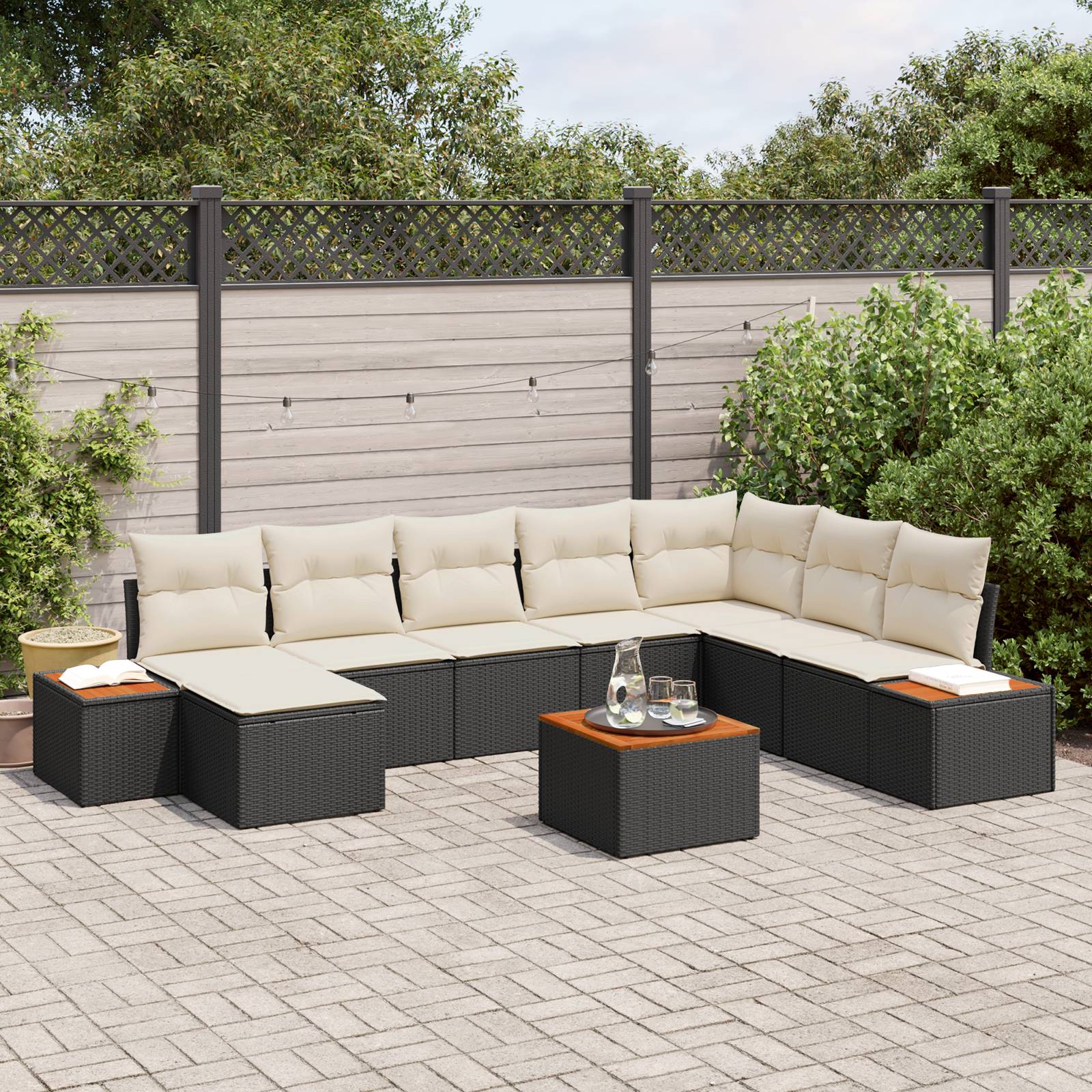 vidaXL 9-teiliges Garten Sofa Set mit Kissen Schwarz Poly Rattan Akazie