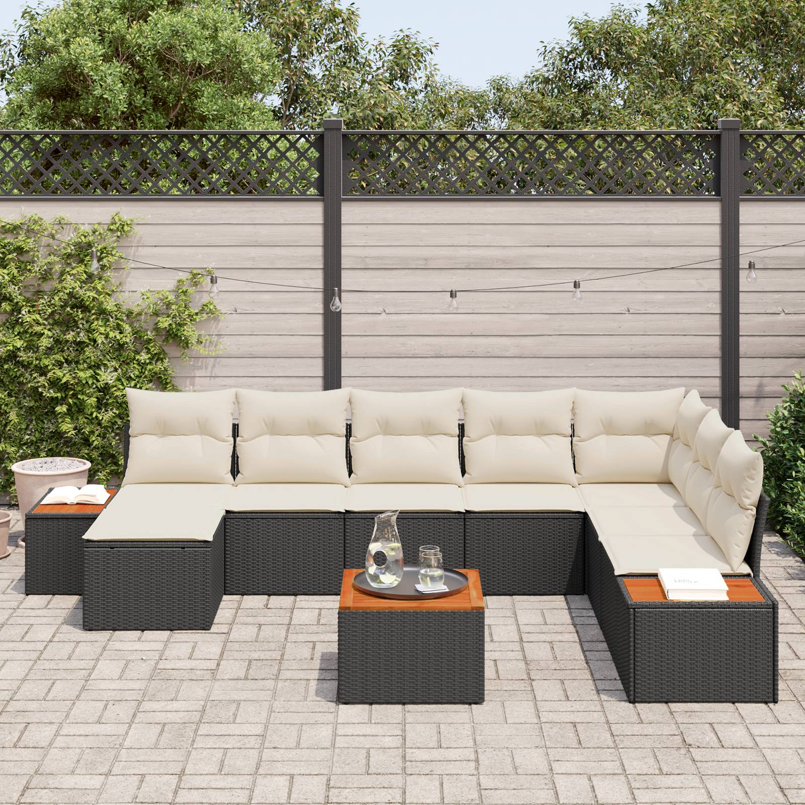 vidaXL 9-teiliges Garten Sofa Set mit Kissen Schwarz Poly Rattan Akazie