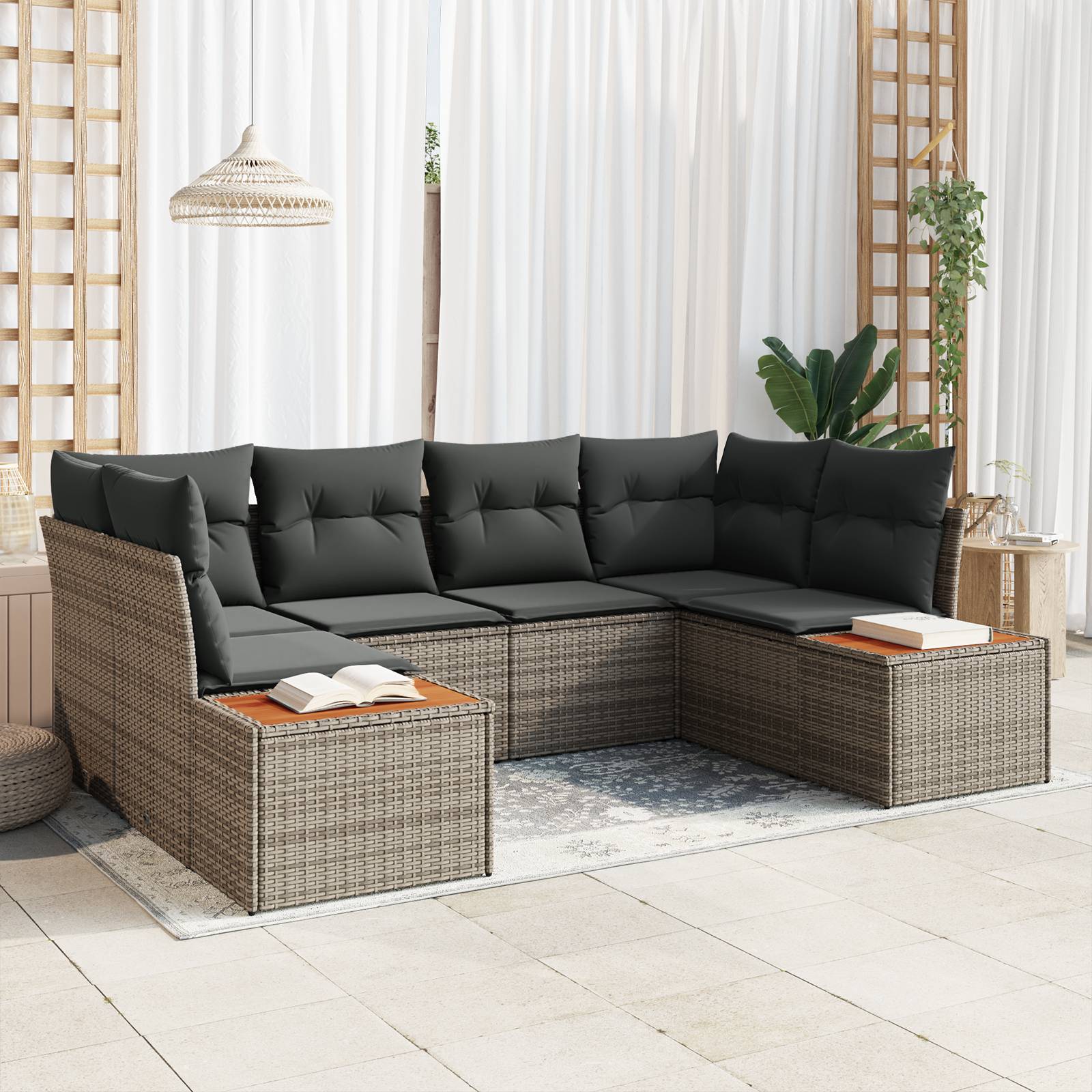 vidaXL 6-teiliges Garten-Sofa-Set mit Kissen Grau Poly-Rattan Akazie
