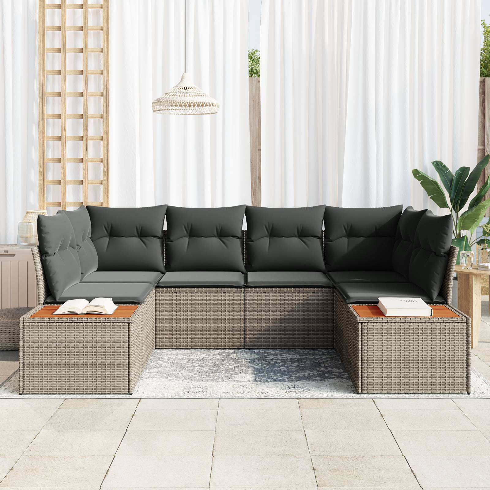 vidaXL 6-teiliges Garten-Sofa-Set mit Kissen Grau Poly-Rattan Akazie