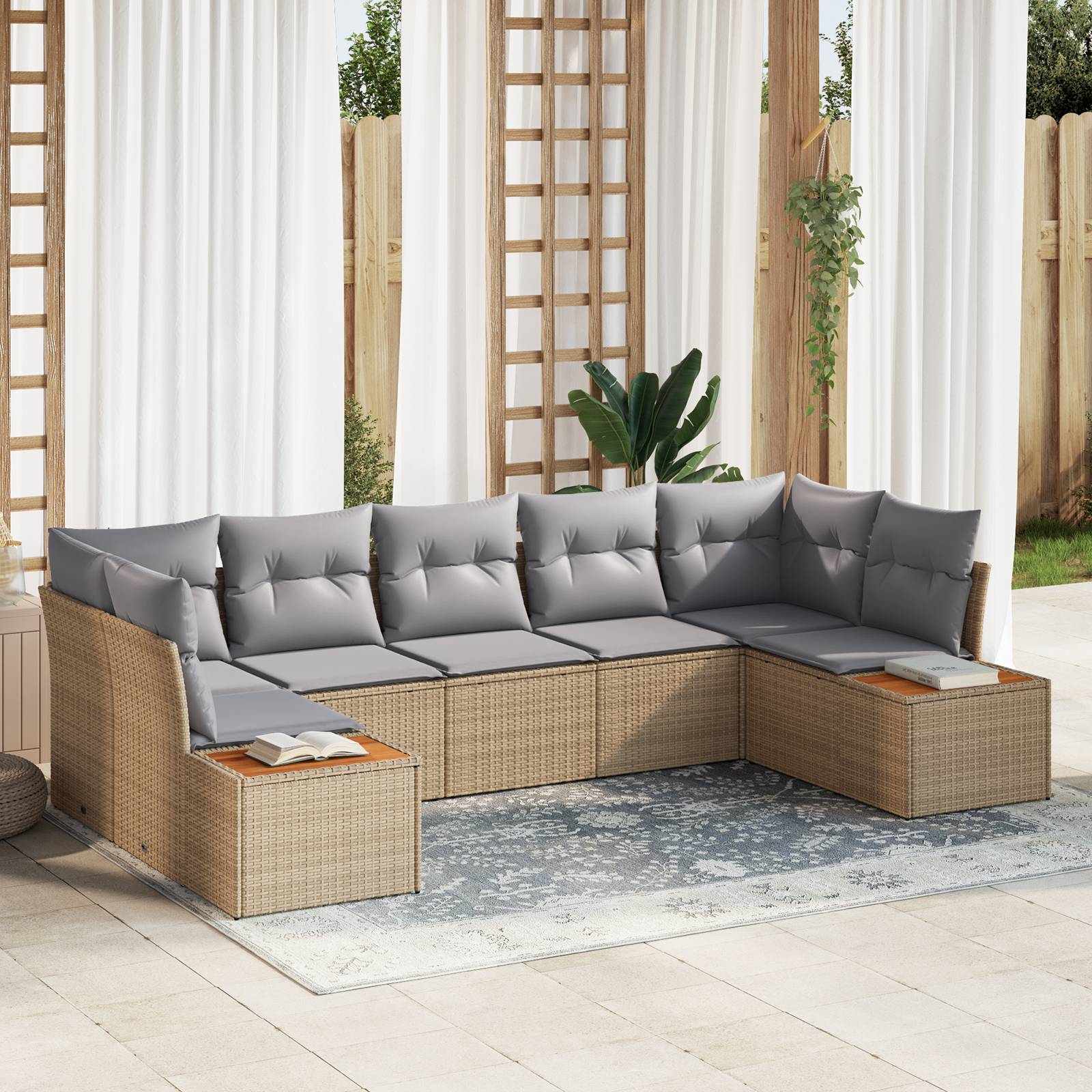 vidaXL 7-teiliges Garten-Sofaset mit Kissen Beige Poly-Rattan Akazie