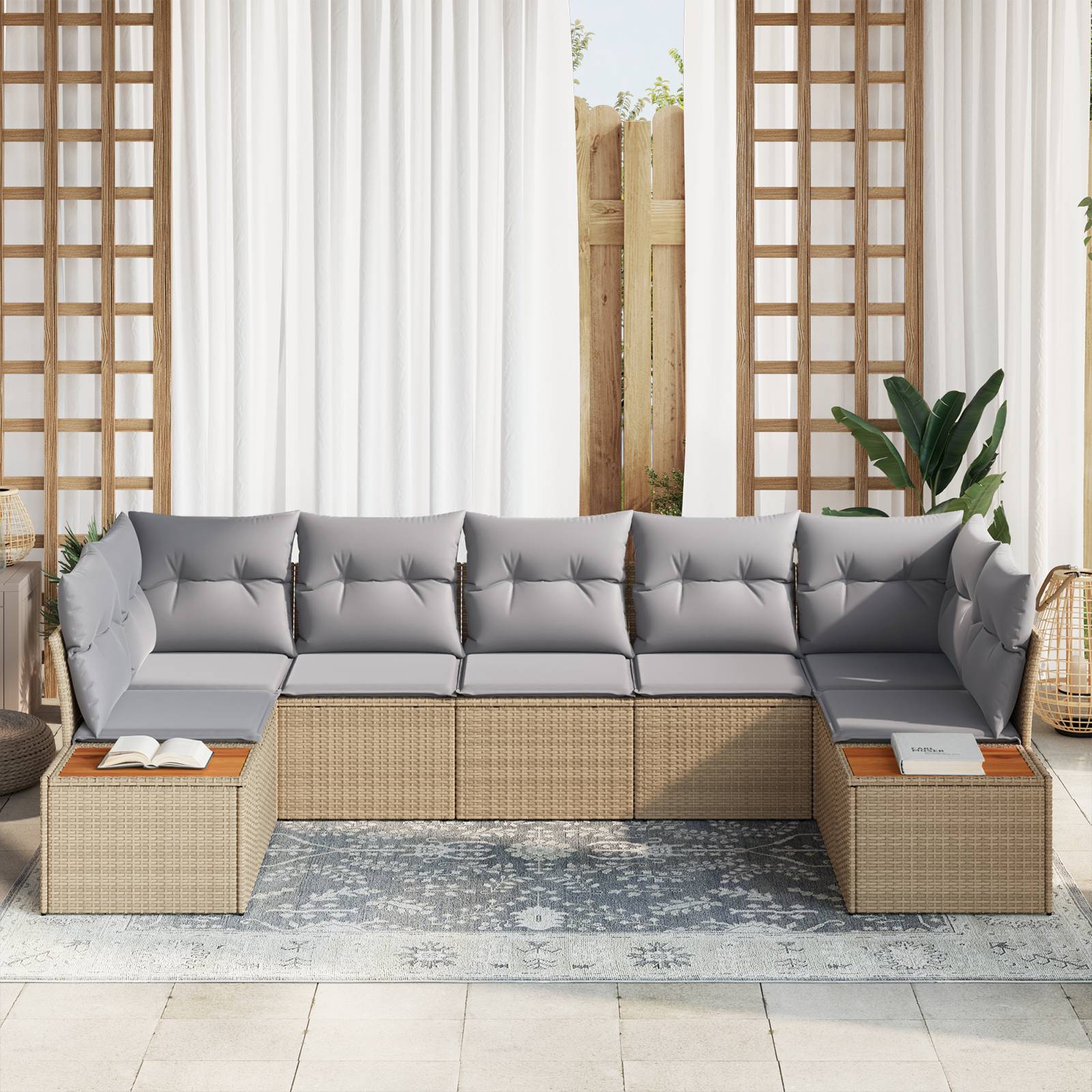 vidaXL 7-teiliges Garten-Sofaset mit Kissen Beige Poly-Rattan Akazie