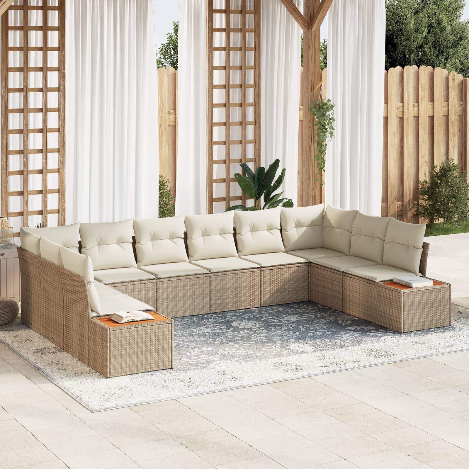 vidaXL 10-tlg. Garten-Sofagarnitur mit Kissen Beige Poly Rattan Akazie