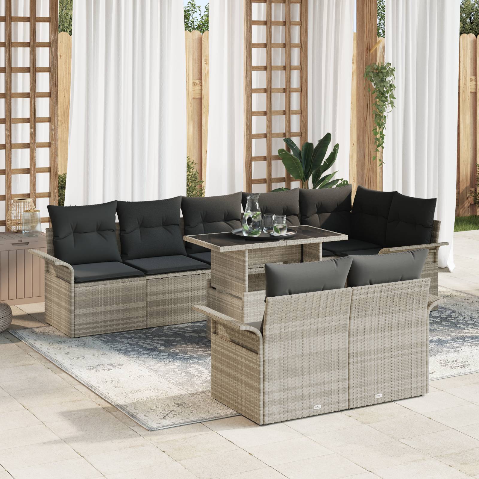vidaXL 9-teiliges Garten Sofa Set mit Kissen in Hellgrau aus Poly Rattan