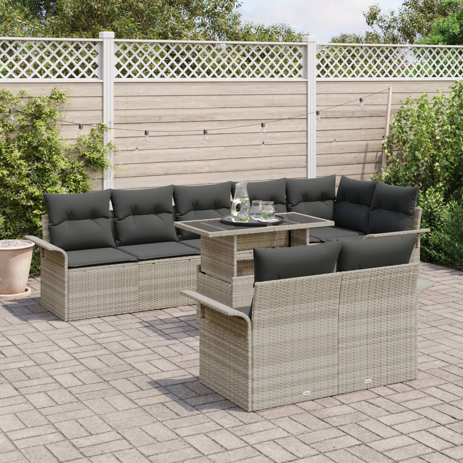 vidaXL 9-teiliges Garten Sofa Set mit Kissen in Hellgrau aus Poly Rattan
