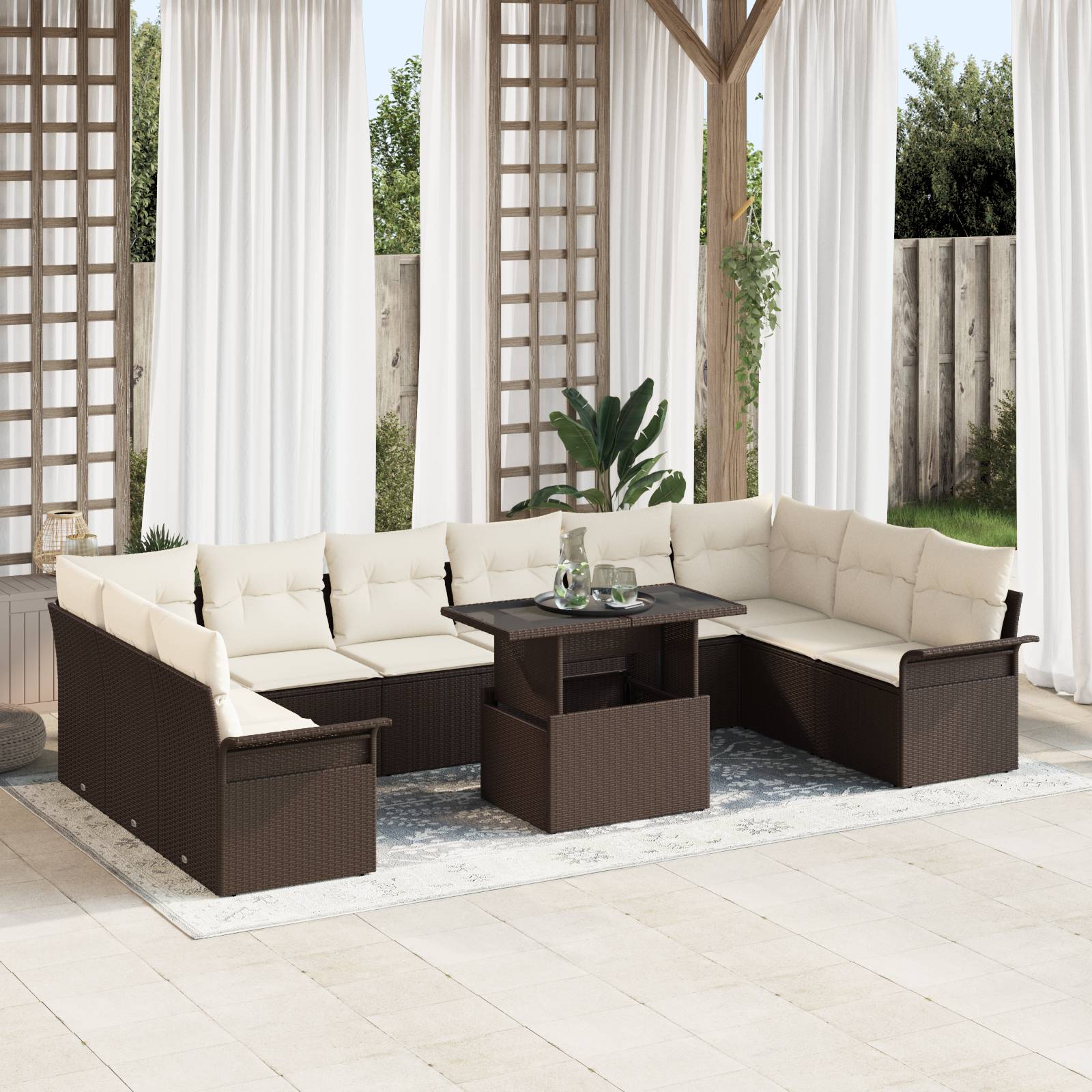 vidaXL 11-teiliges Garten-Sofa-Set mit Kissen in Braun aus Poly-Rattan