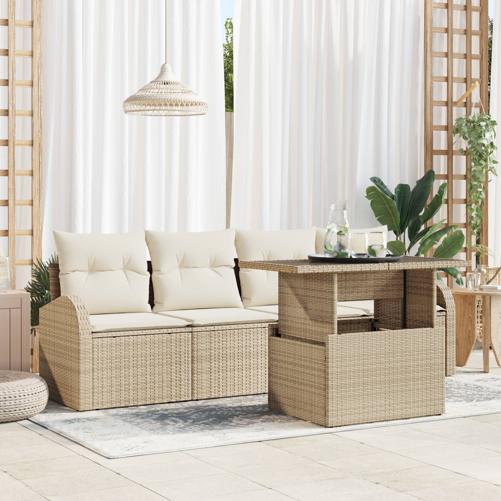 vidaXL 5-teilige Garten Sofagarnitur mit Kissen Beige Poly Rattan