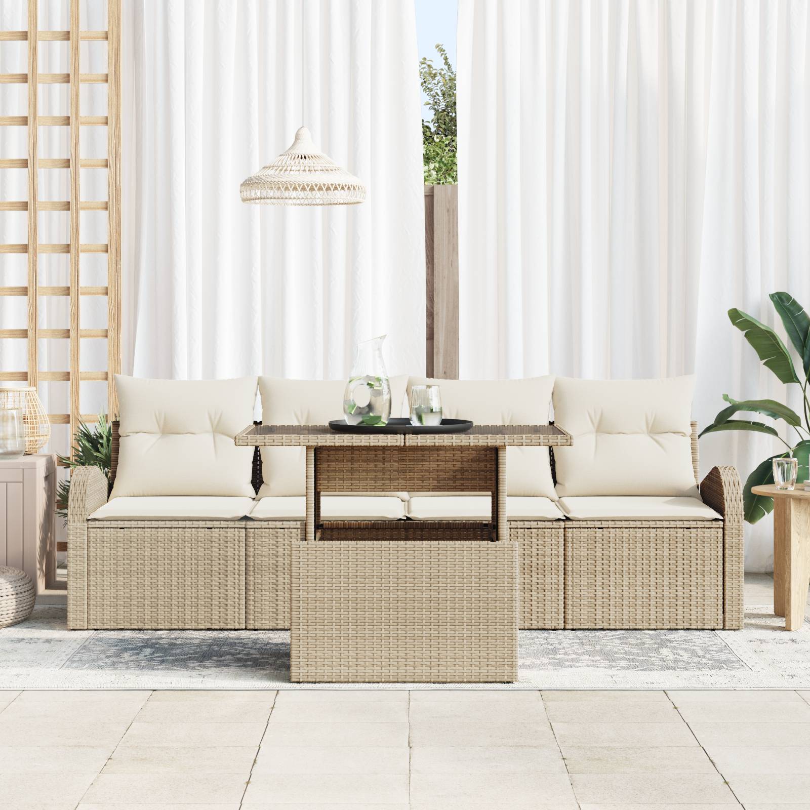 vidaXL 5-teilige Garten Sofagarnitur mit Kissen Beige Poly Rattan