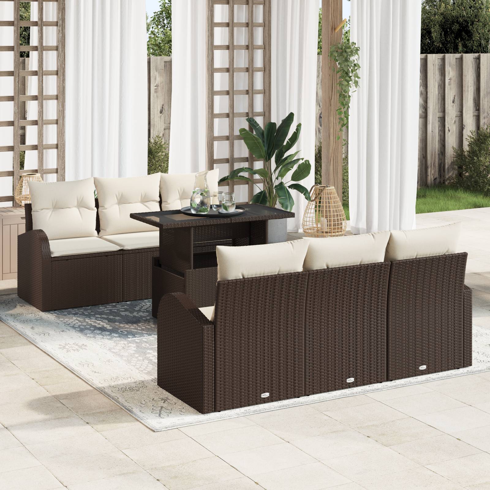 vidaXL 7-teiliges Garten-Sofa-Set mit Kissen - Braunes Poly-Rattan