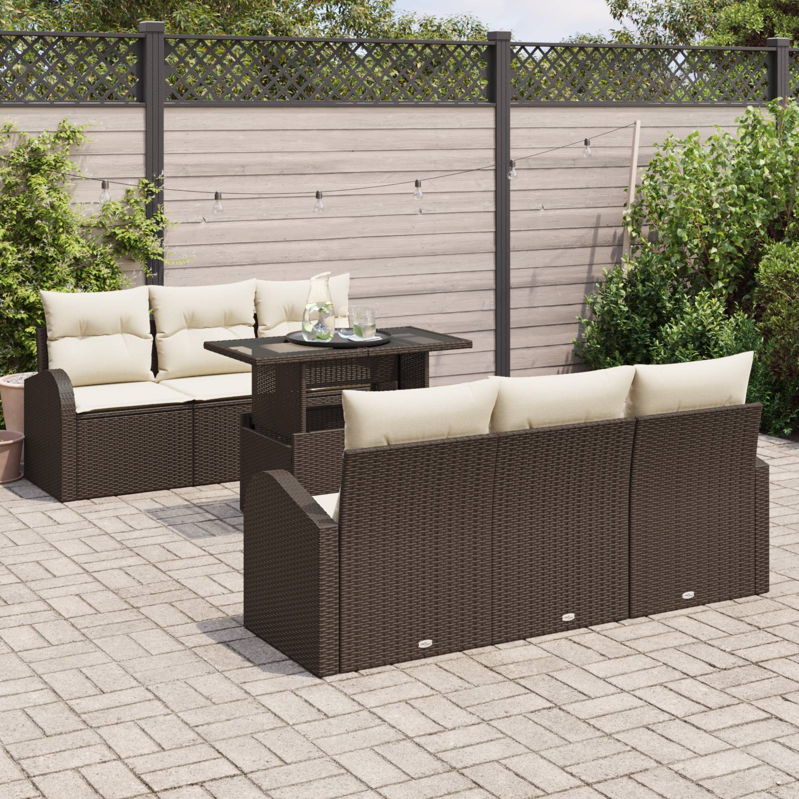 vidaXL 7-teiliges Garten-Sofa-Set mit Kissen - Braunes Poly-Rattan