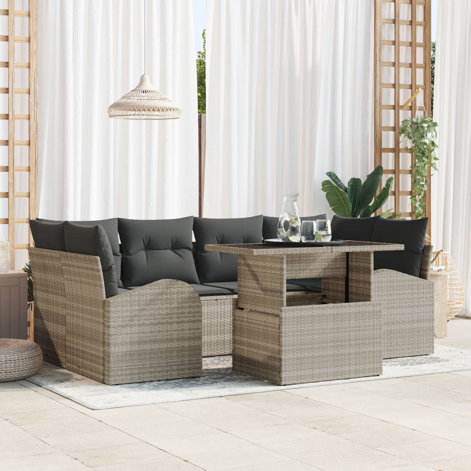 vidaXL 7-teiliges Garten Sofa Set mit Kissen Hellgrau Poly Rattan