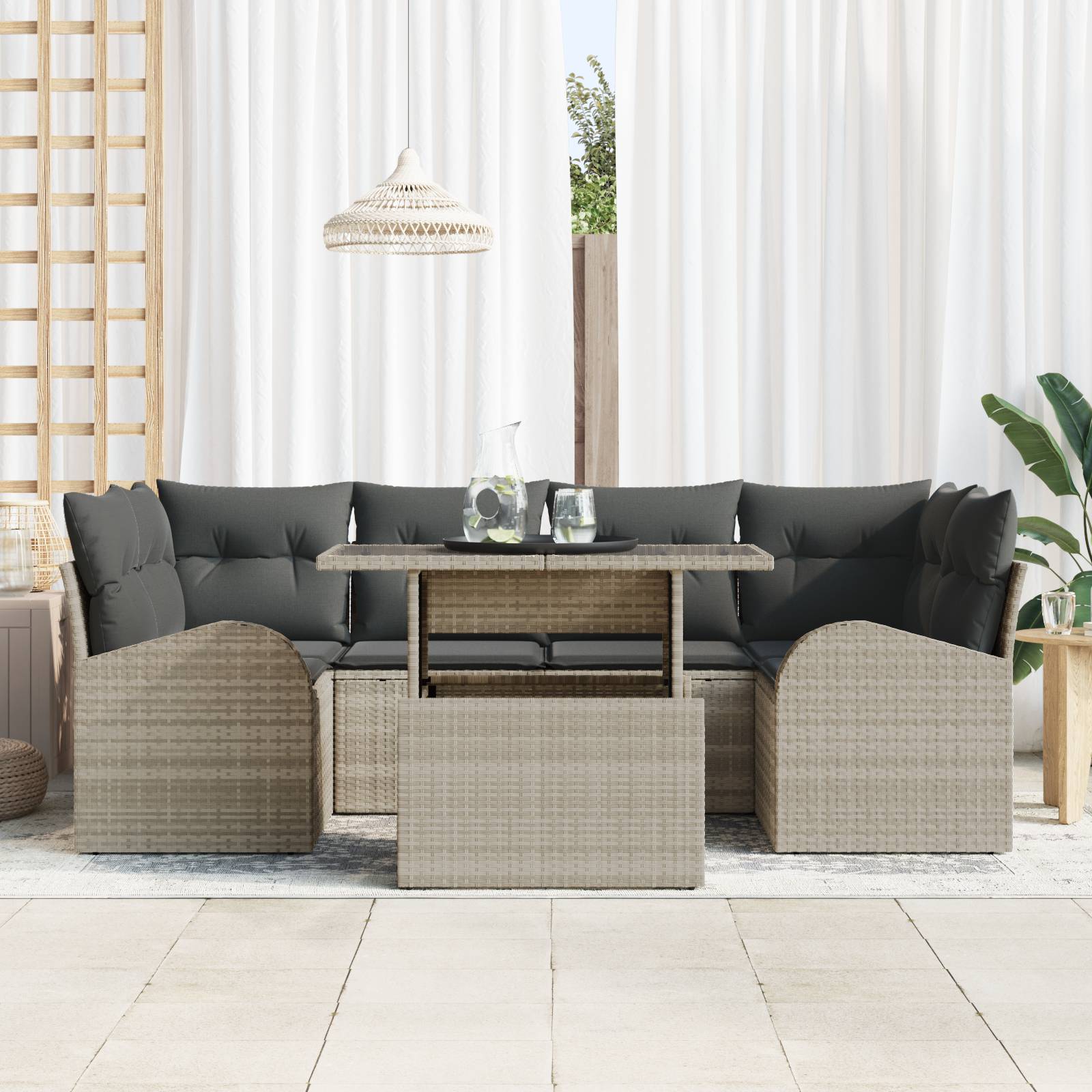 vidaXL 7-teiliges Garten Sofa Set mit Kissen Hellgrau Poly Rattan