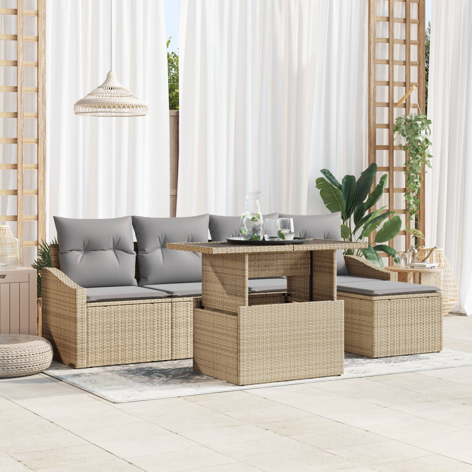 vidaXL 6-tlg. Garten-Sofagarnitur mit Kissen Beige Poly Rattan