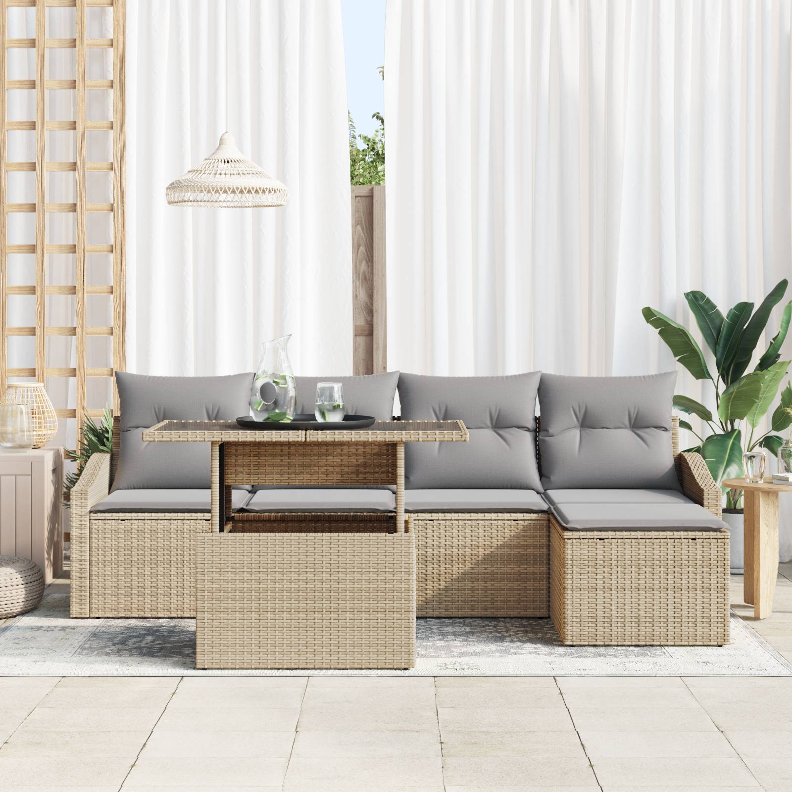 vidaXL 6-tlg. Garten-Sofagarnitur mit Kissen Beige Poly Rattan