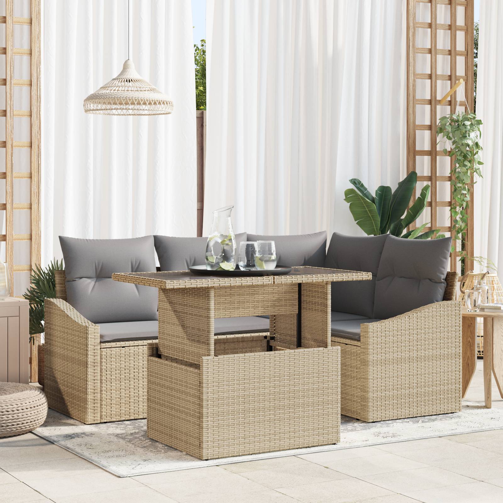vidaXL 5-tlg. Garten-Sofagarnitur mit Kissen Beige Poly Rattan