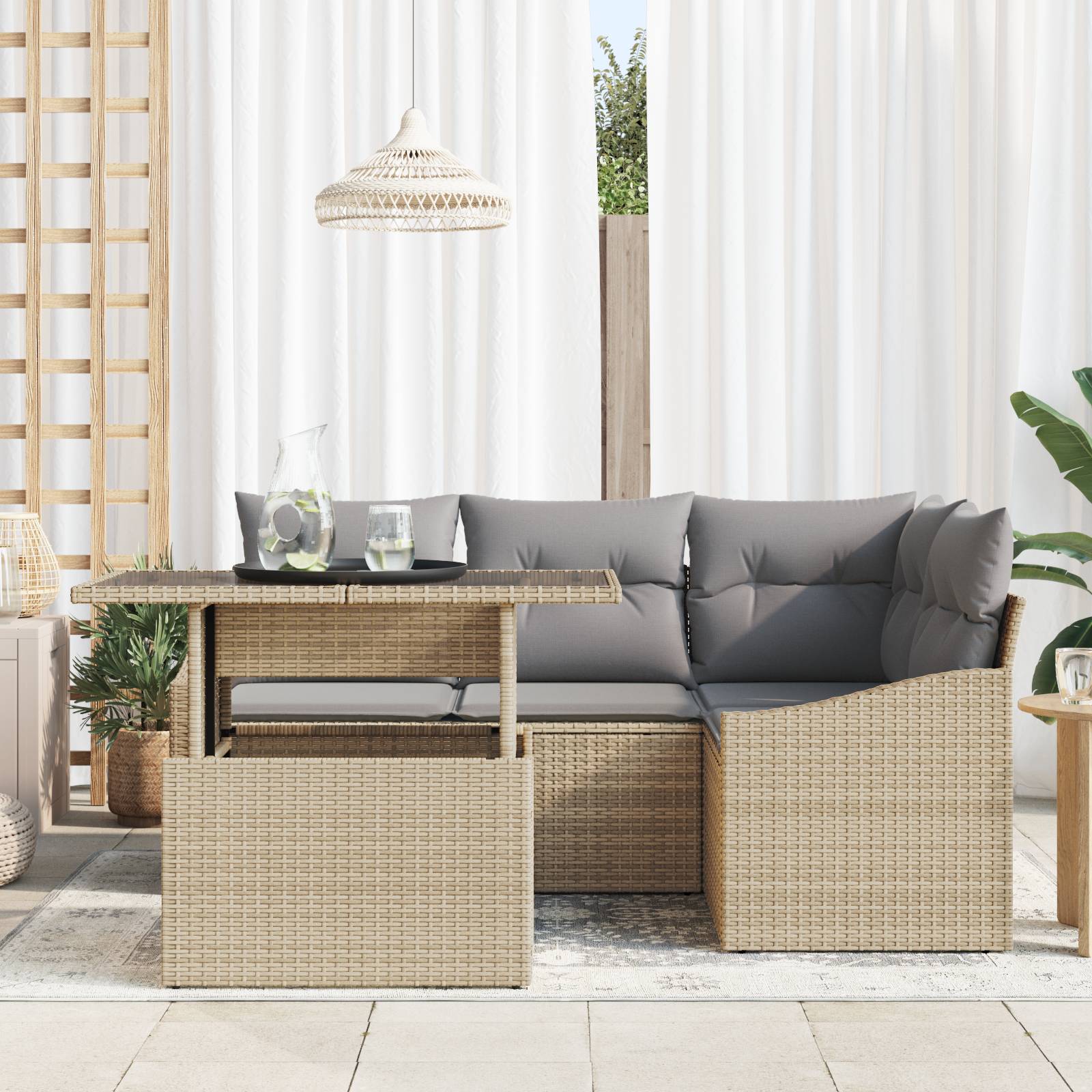 vidaXL 5-tlg. Garten-Sofagarnitur mit Kissen Beige Poly Rattan