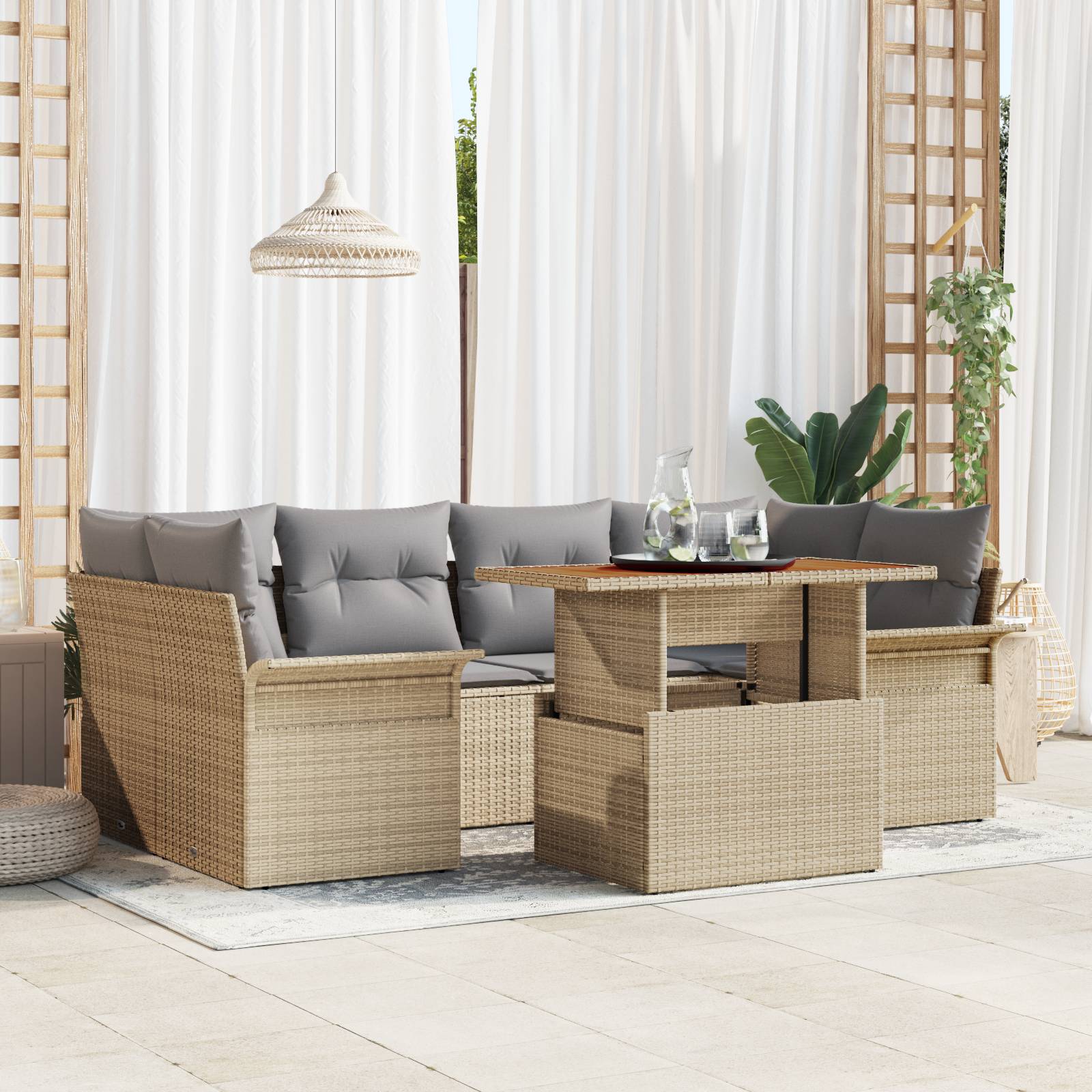 vidaXL 7-teiliges Garten Sofa Set mit Kissen Beige Poly Rattan