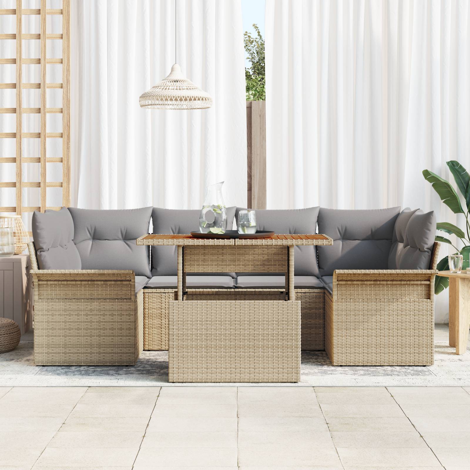 vidaXL 7-teiliges Garten Sofa Set mit Kissen Beige Poly Rattan