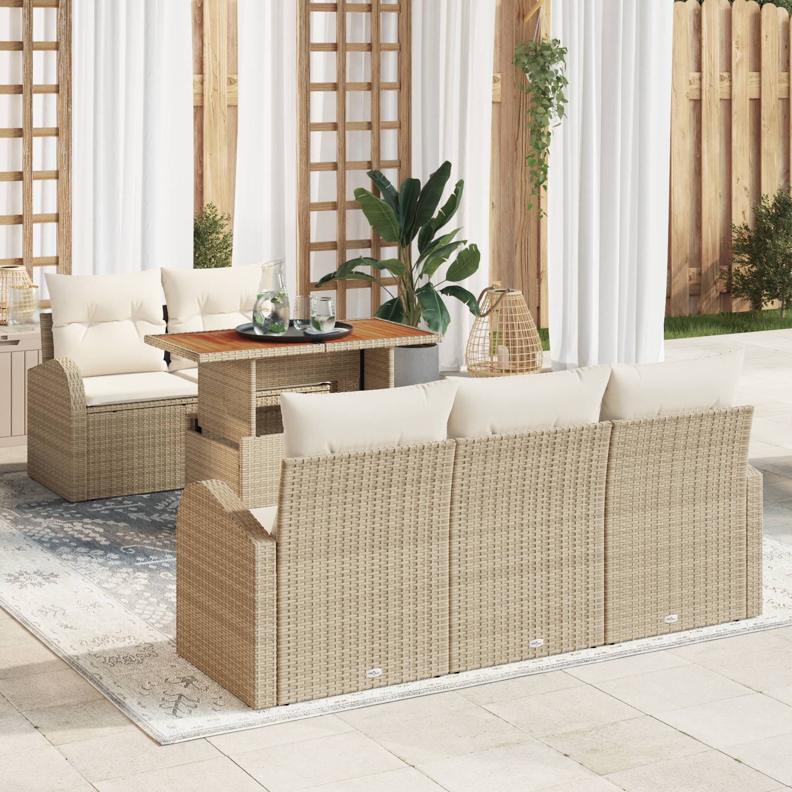 vidaXL 6-teiliges Garten Sofa Set mit Kissen Beige Poly Rattan