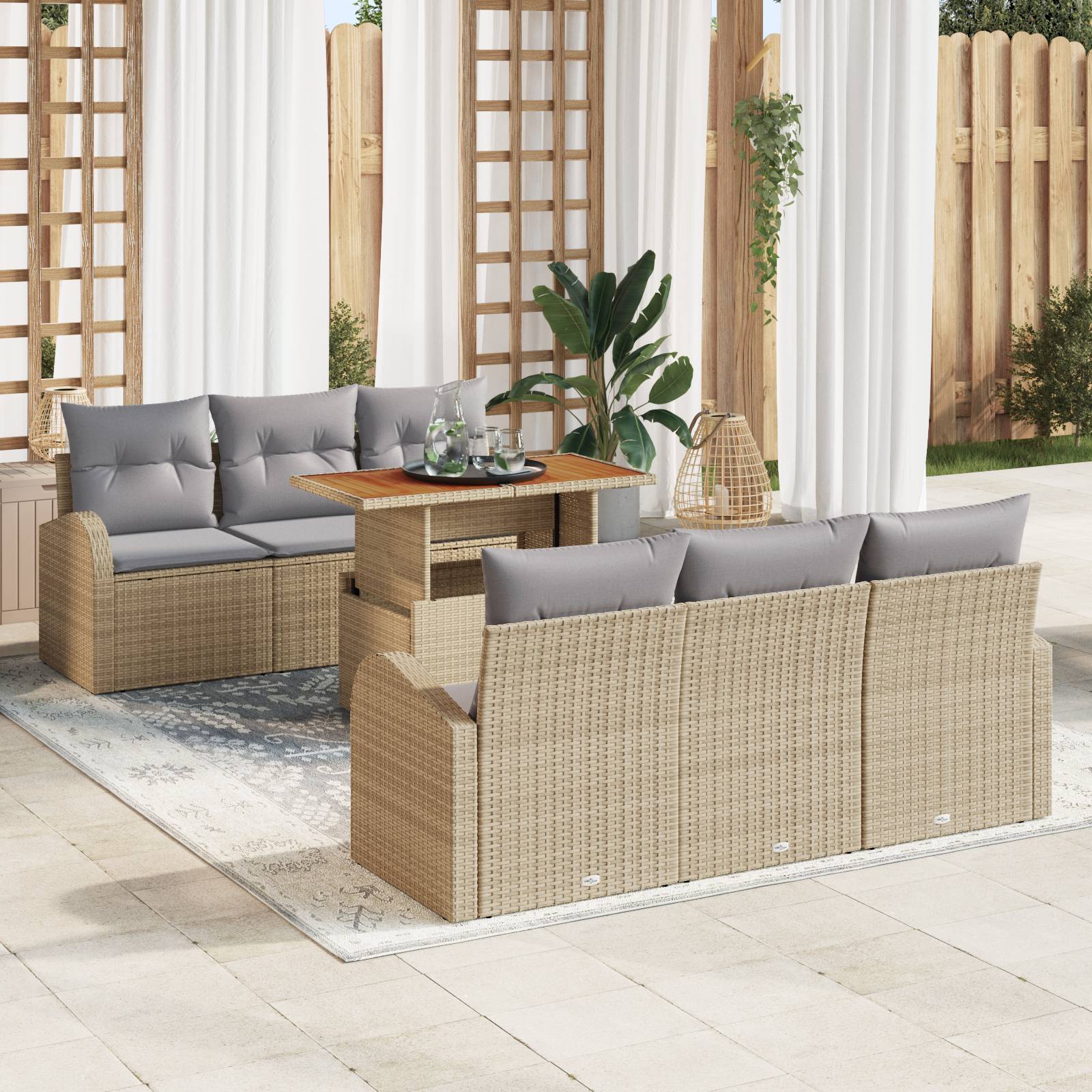 vidaXL 7-teiliges Garten-Essgruppen-Set mit Kissen in Beige Poly Rattan Akazie