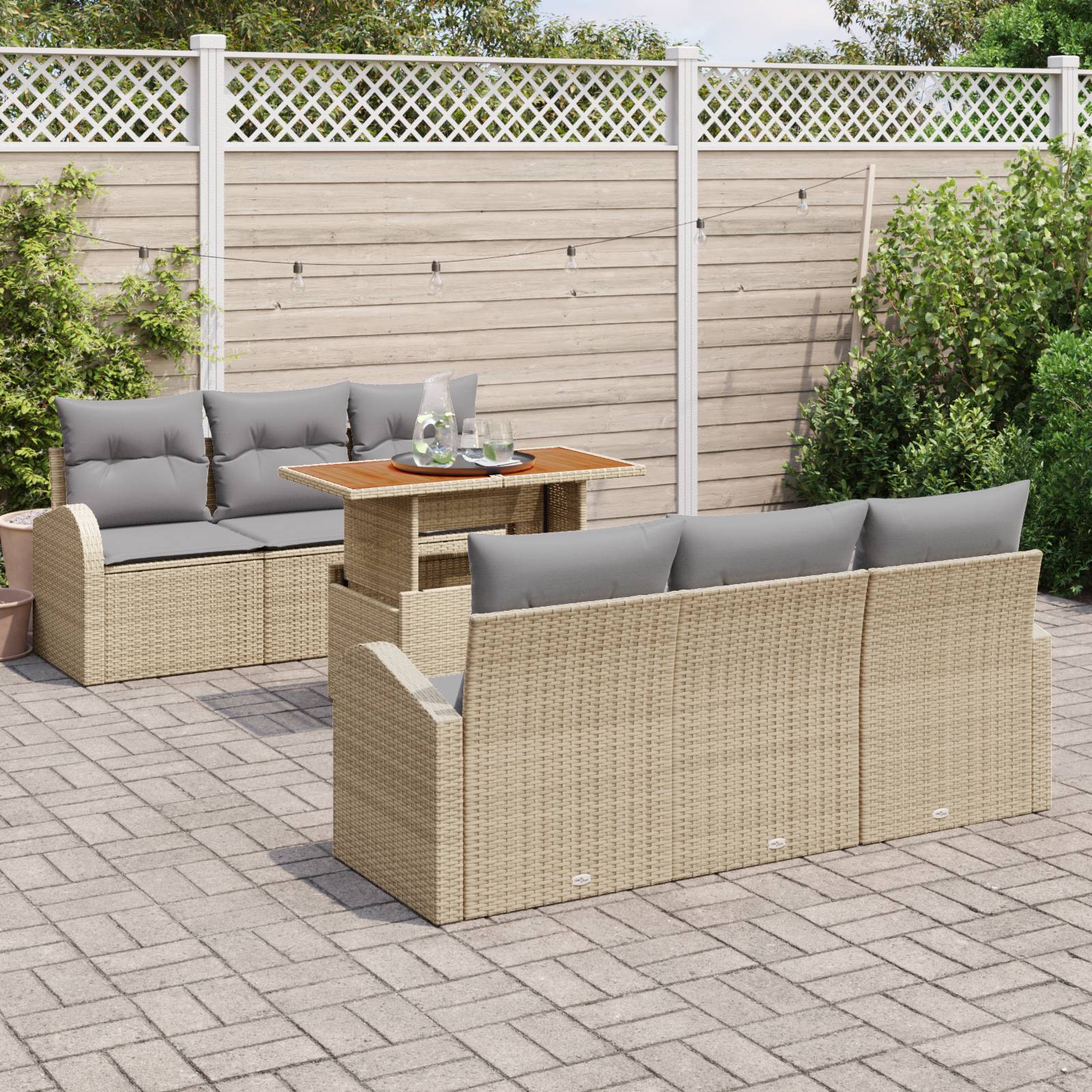 vidaXL 7-teiliges Garten-Essgruppen-Set mit Kissen in Beige Poly Rattan Akazie