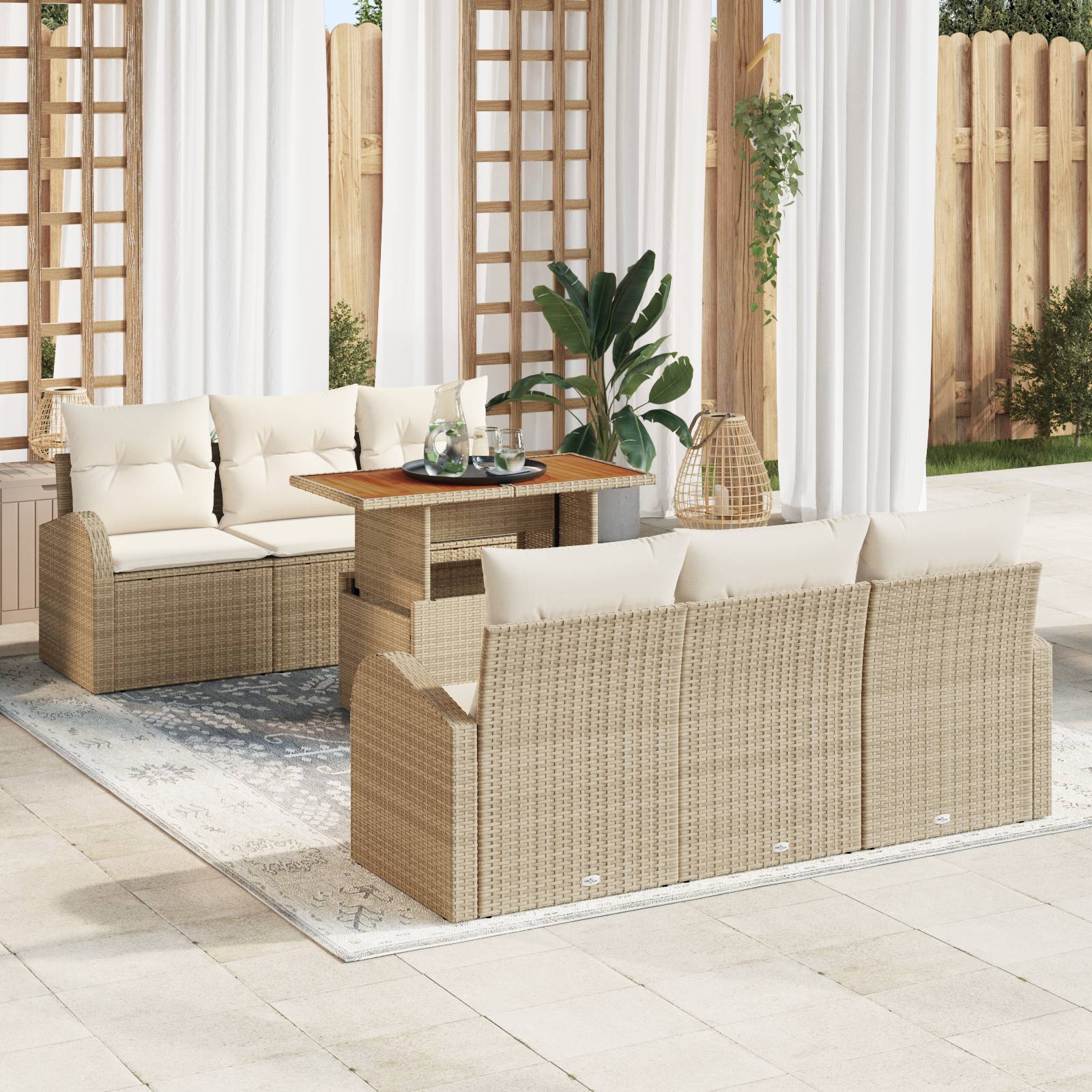 vidaXL 7-teiliges Garten Essgruppe mit Kissen Beige Poly Rattan Akazie