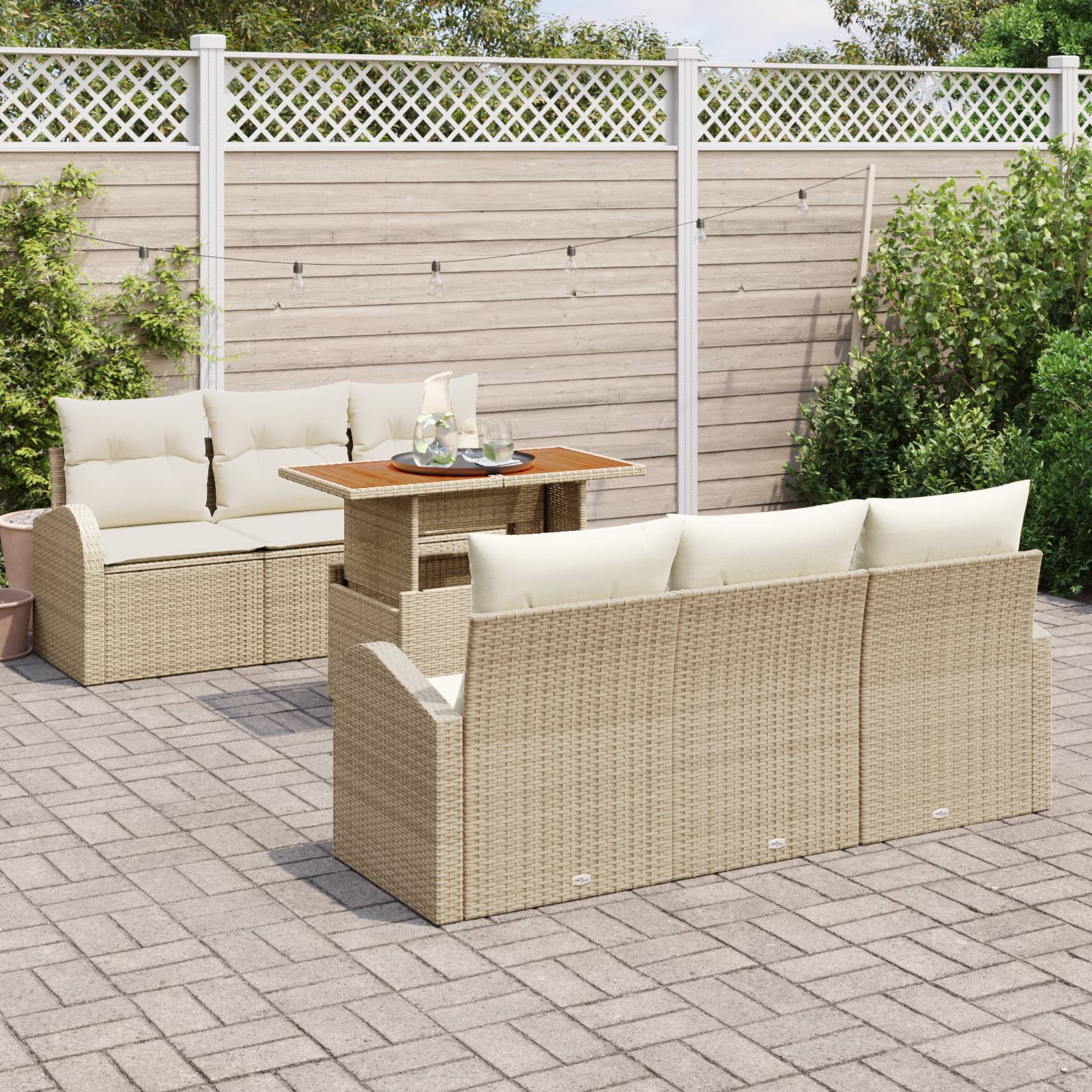 vidaXL 7-teiliges Garten Essgruppe mit Kissen Beige Poly Rattan Akazie