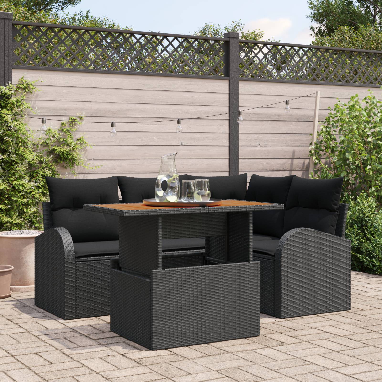 vidaXL 5-teiliges Garten-Essensemble mit Kissen Schwarz Poly-Rattan Akazie