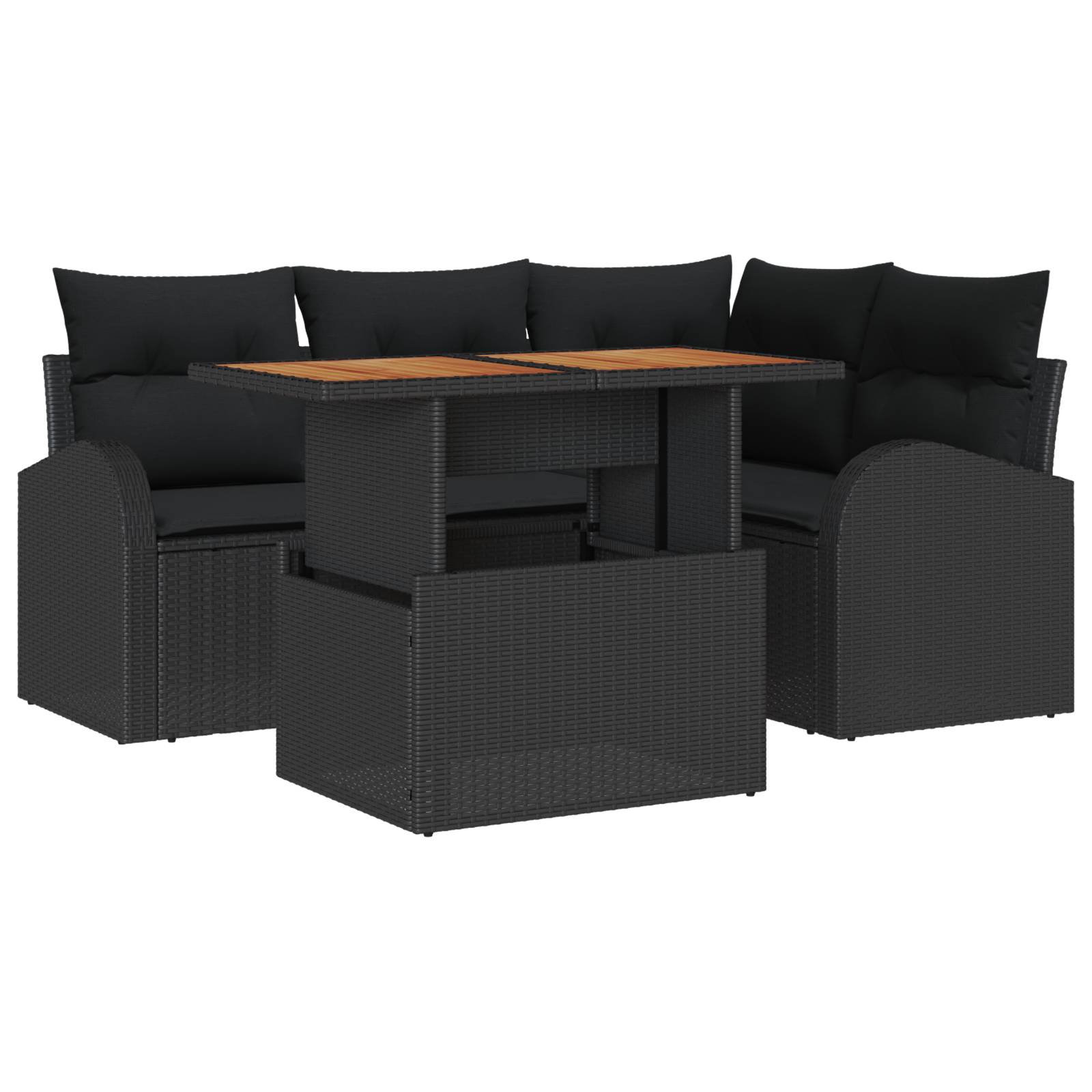vidaXL 5-teiliges Garten-Essensemble mit Kissen Schwarz Poly-Rattan Akazie