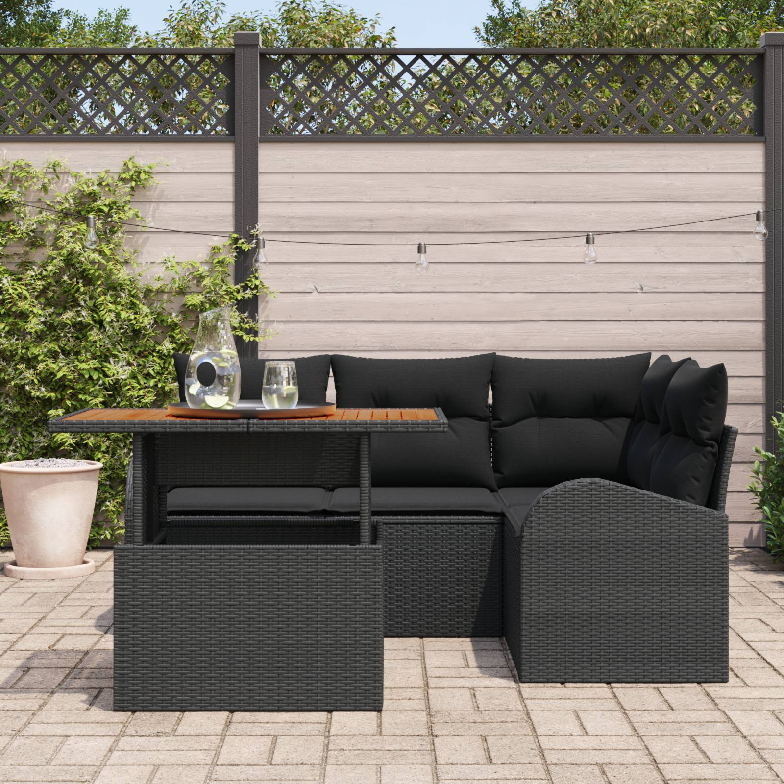 vidaXL 5-teiliges Garten-Essensemble mit Kissen Schwarz Poly-Rattan Akazie
