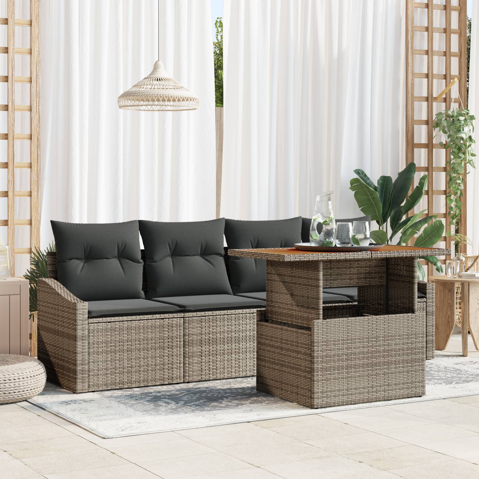 vidaXL 5-teiliges Gartentisch-Set mit Kissen Grau Poly Rattan Akazie
