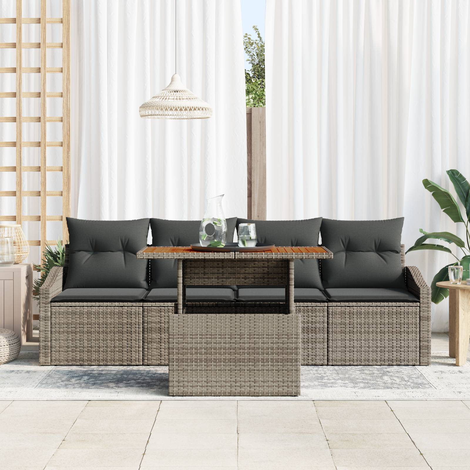 vidaXL 5-teiliges Gartentisch-Set mit Kissen Grau Poly Rattan Akazie