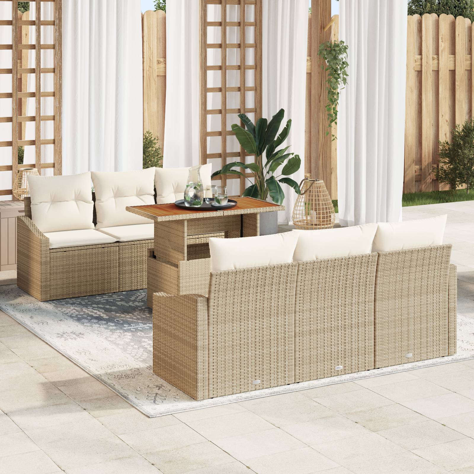 vidaXL 7-teiliges Garten Essgruppe mit Kissen beige Poly Rattan Akazie