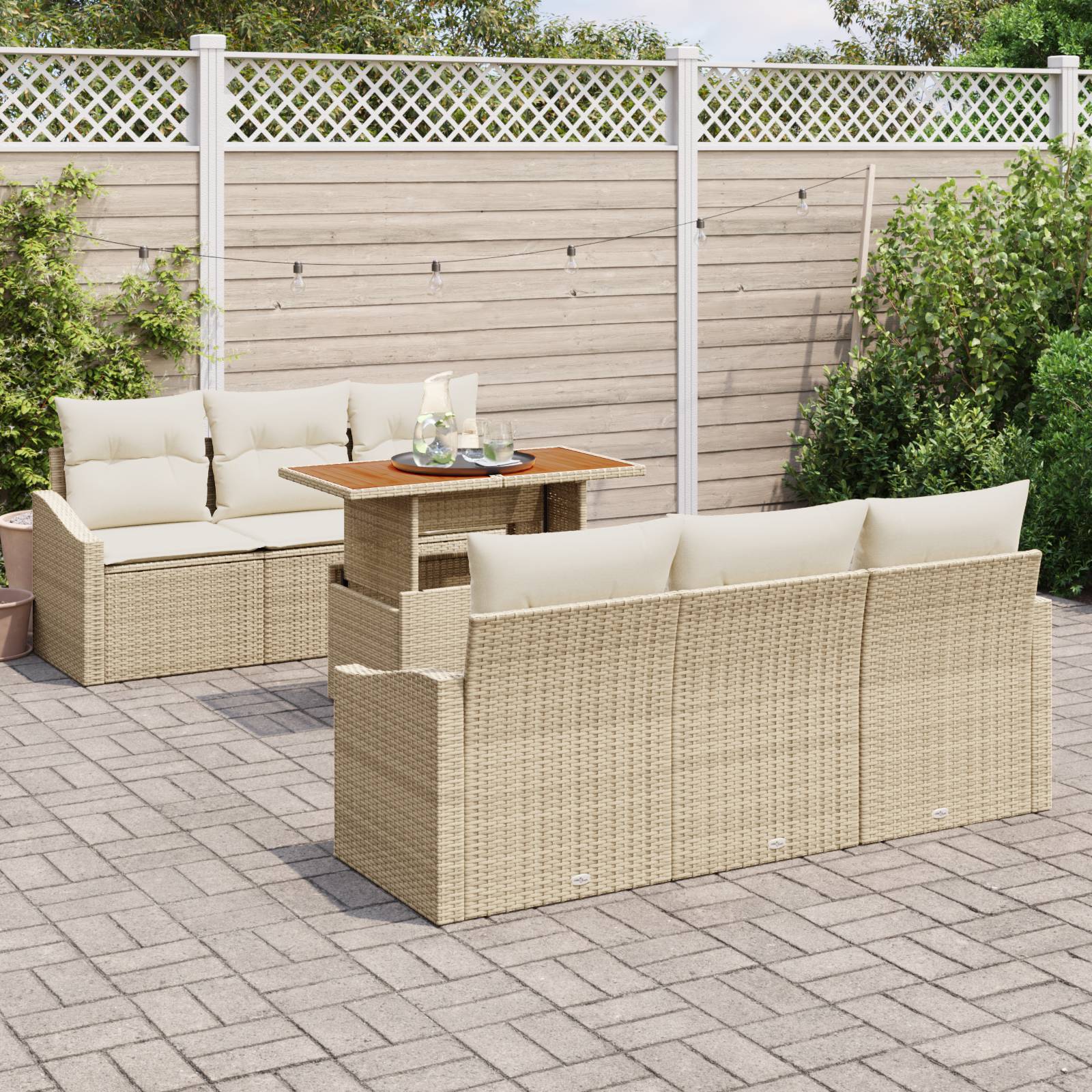 vidaXL 7-teiliges Garten Essgruppe mit Kissen beige Poly Rattan Akazie