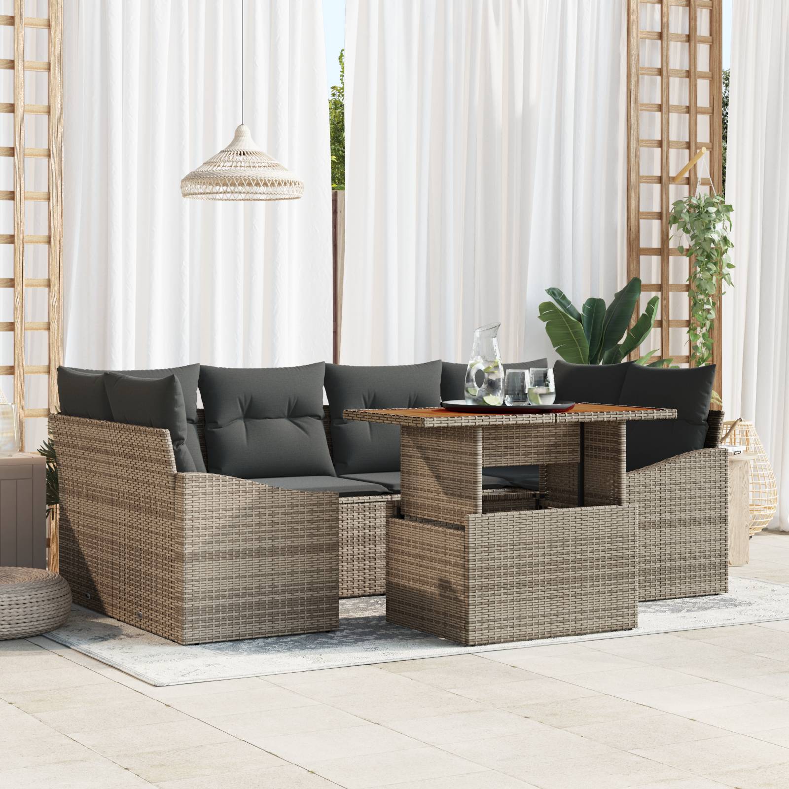 vidaXL 7-teiliges Garten Sofa Set mit Kissen Grau Poly Rattan