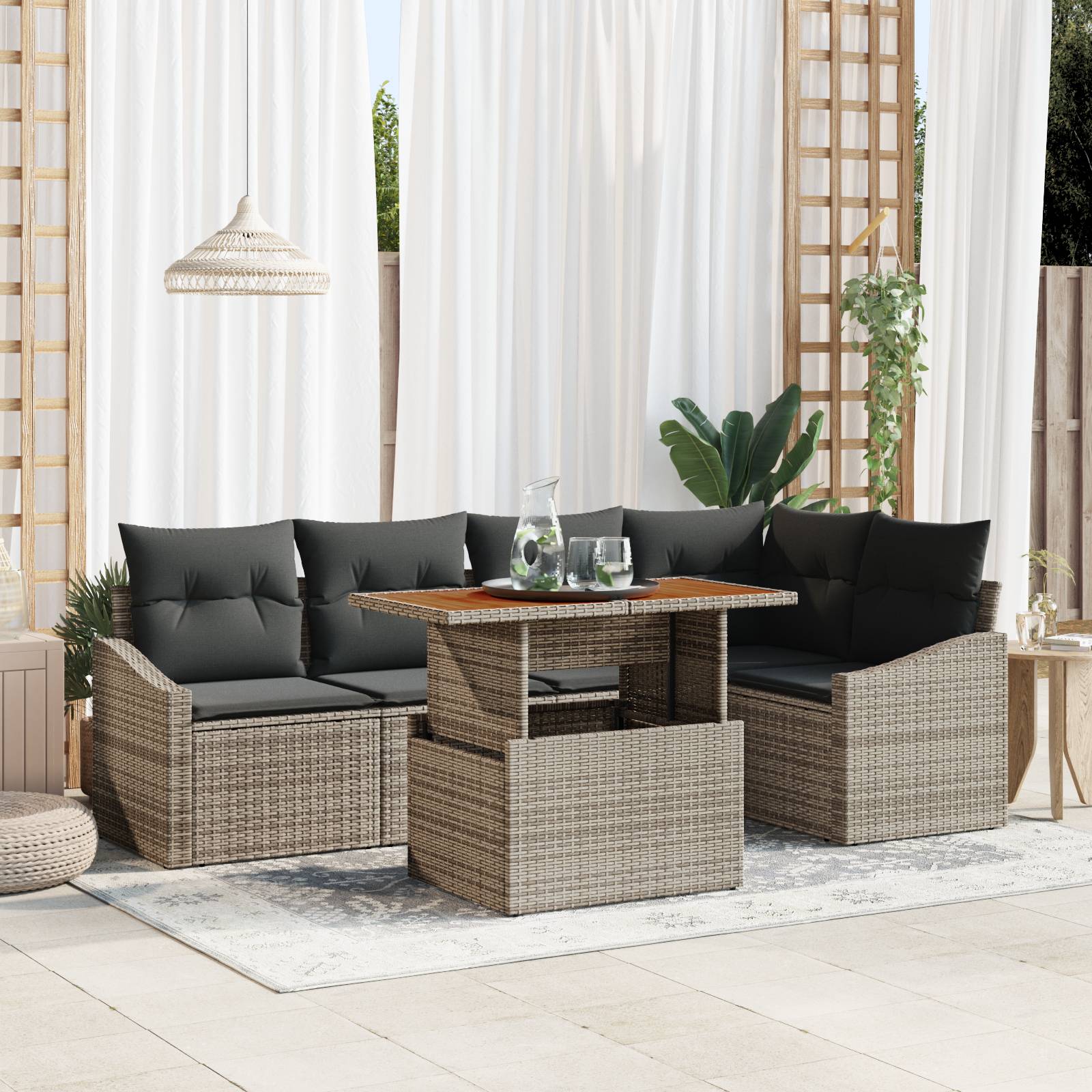 vidaXL 6-teiliges Garten Sofa Set mit Kissen Grau Poly Rattan