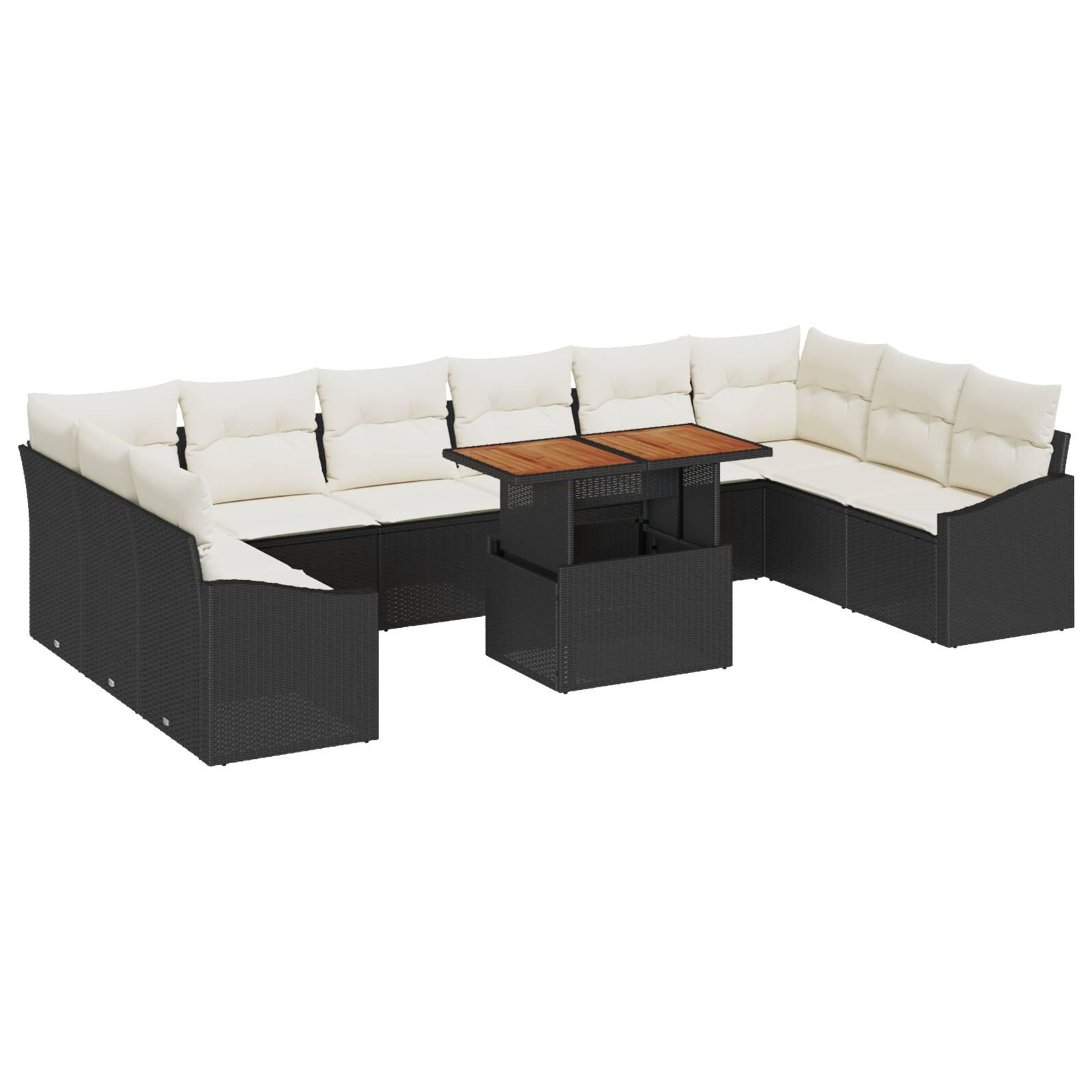 vidaXL 11-teiliges Garten Esstischset mit Kissen Schwarz Poly Rattan Akazie