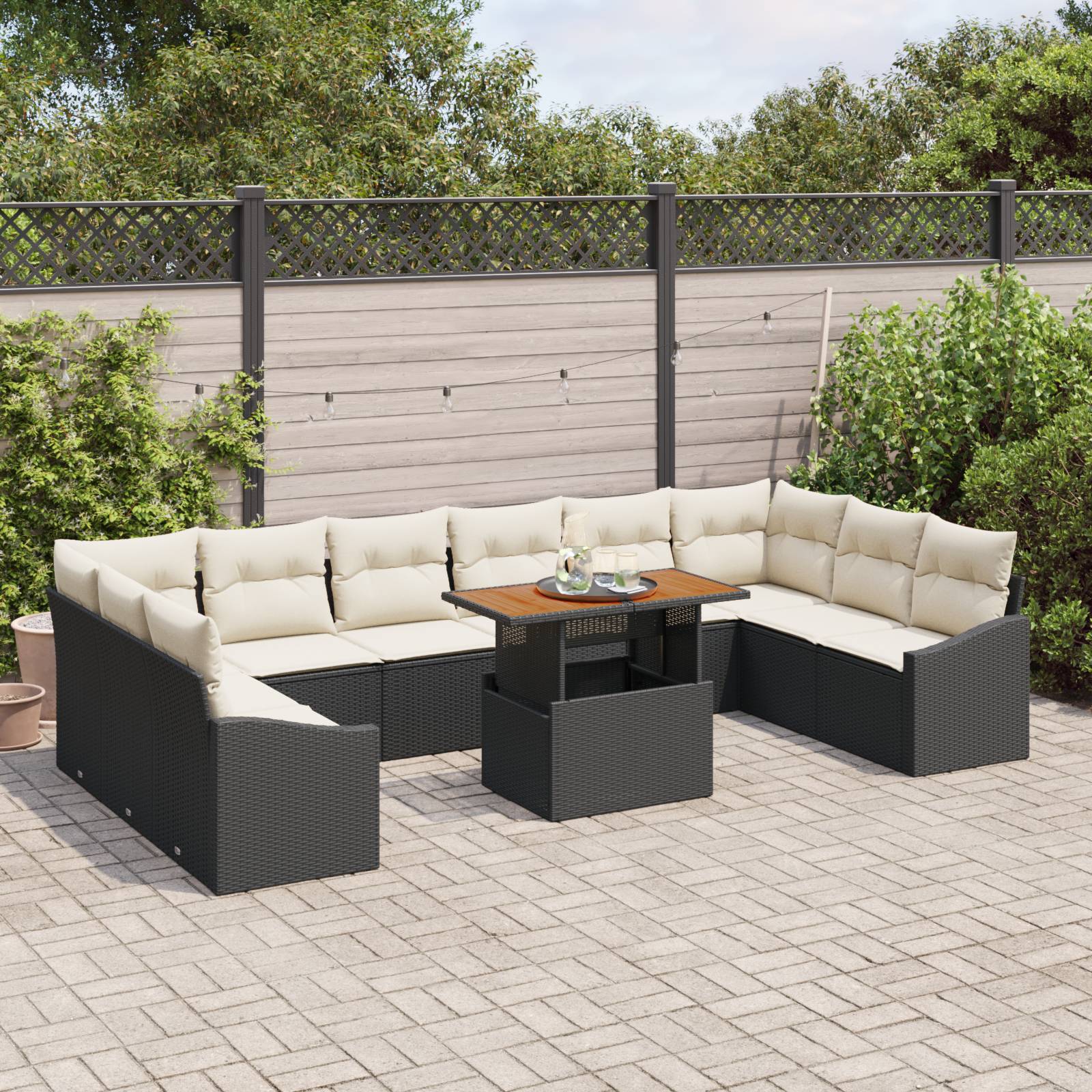 vidaXL 11-teiliges Garten Esstischset mit Kissen Schwarz Poly Rattan Akazie