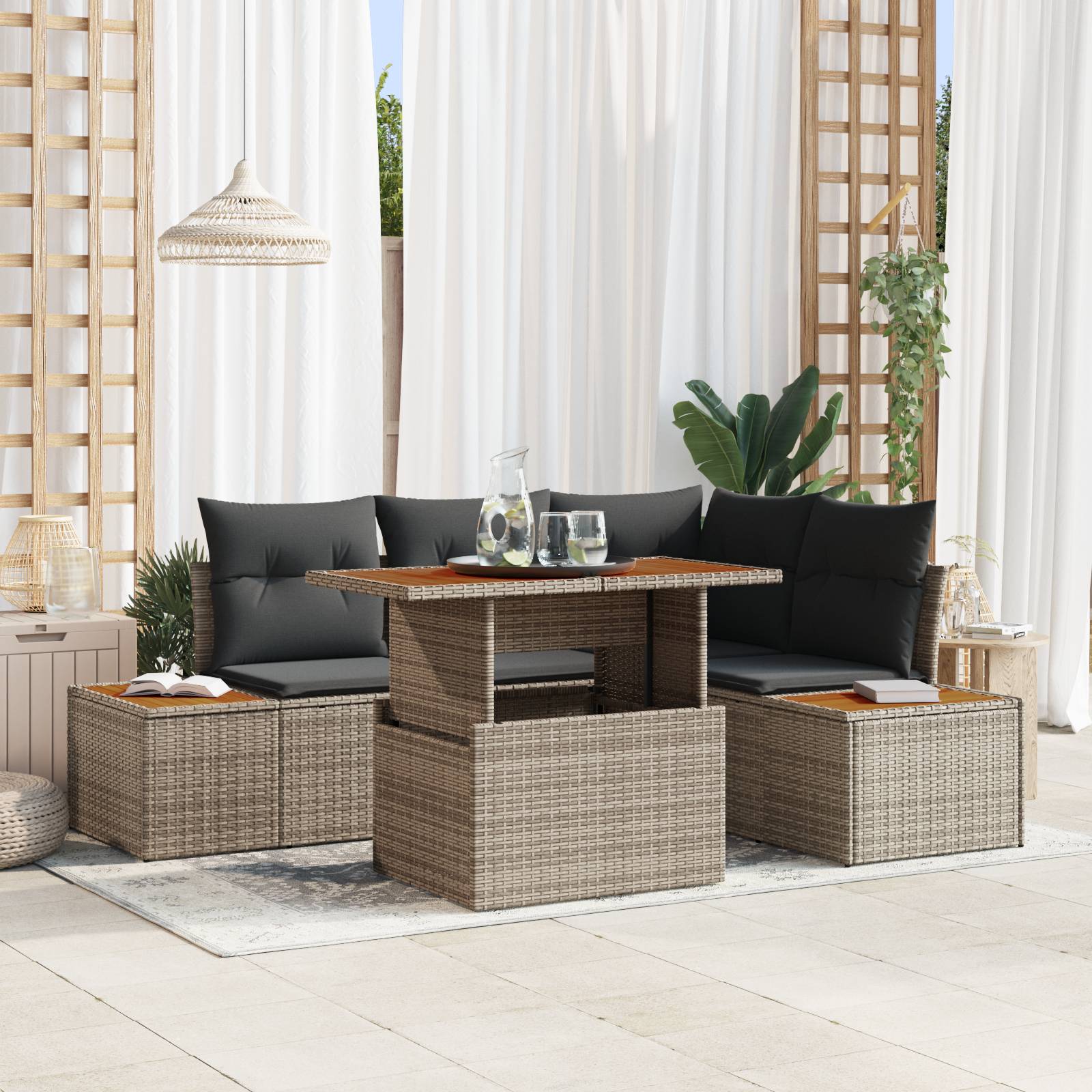vidaXL 5-teiliges Garten Sofa Set mit Kissen Grau Poly Rattan