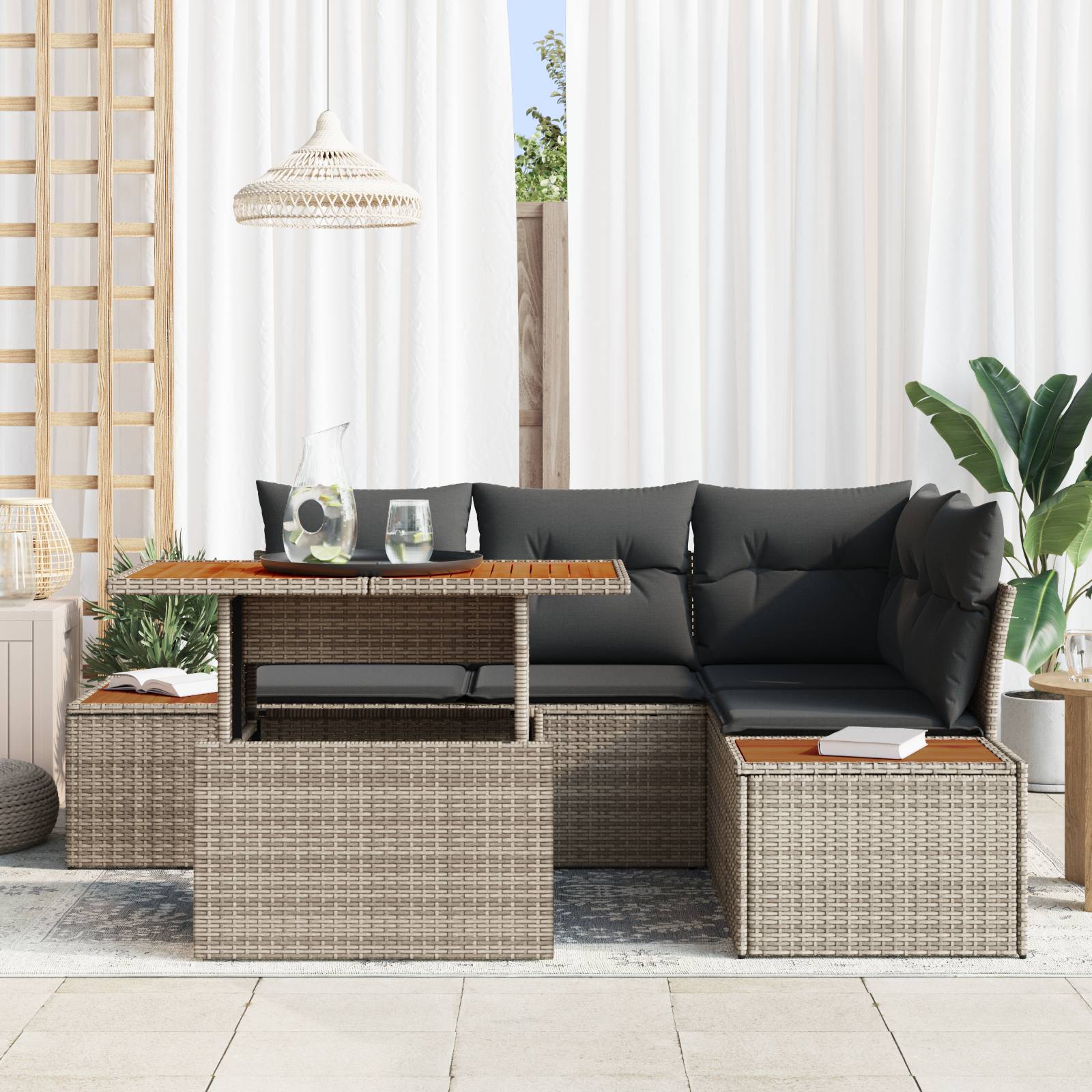 vidaXL 5-teiliges Garten Sofa Set mit Kissen Grau Poly Rattan
