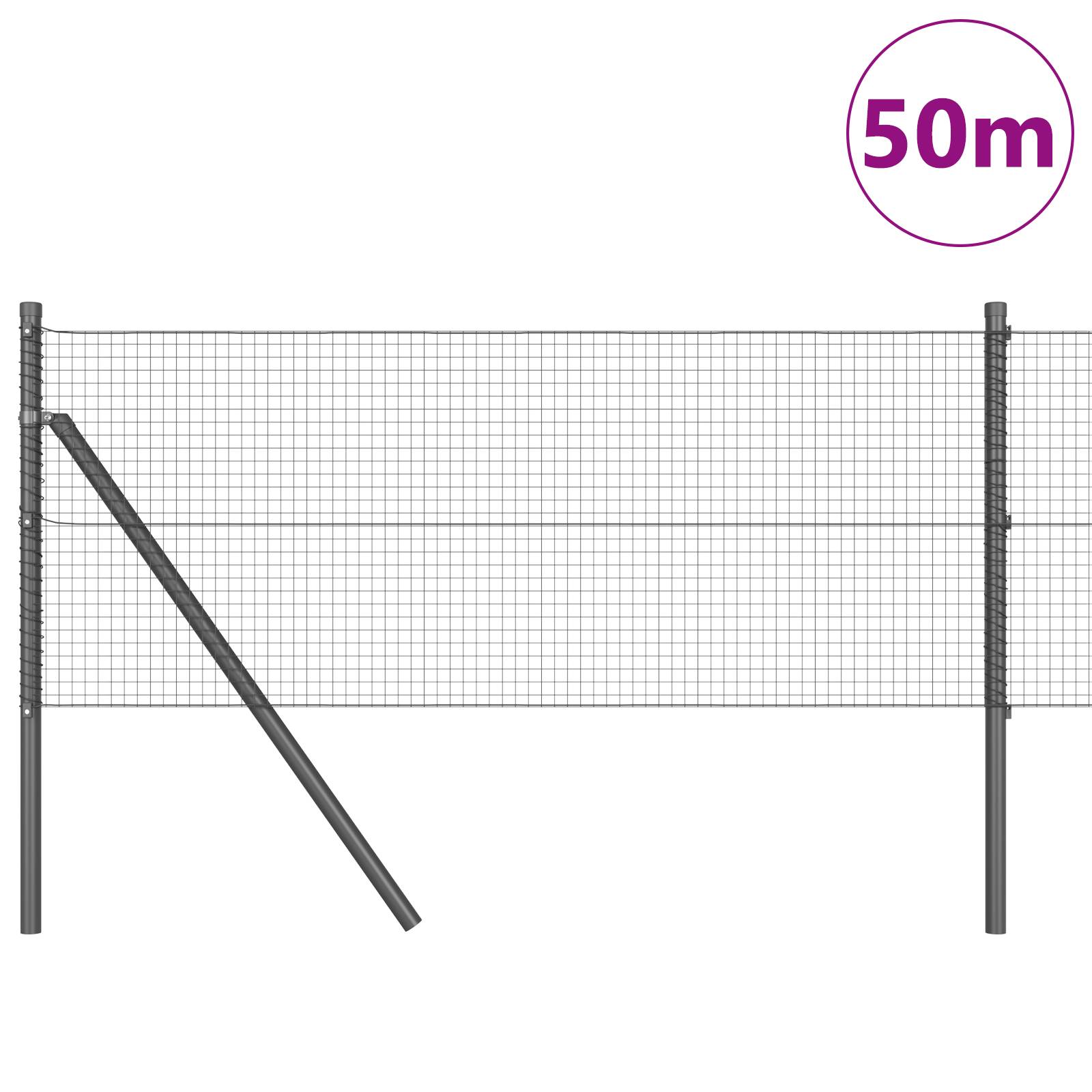 vidaXL Geknoteter Drahtzaun mit 13 Pfosten Grau 0,5 x 50 m Stahl