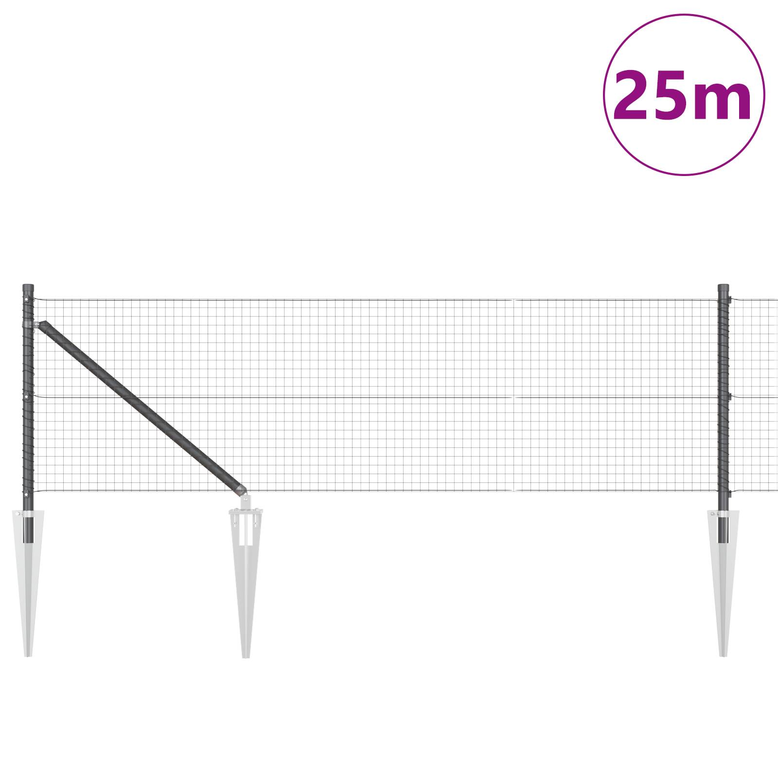 vidaXL Gestickter Maschendrahtzaun mit 13 Spitzenpfosten Grau 0,8x25 m aus Stahl