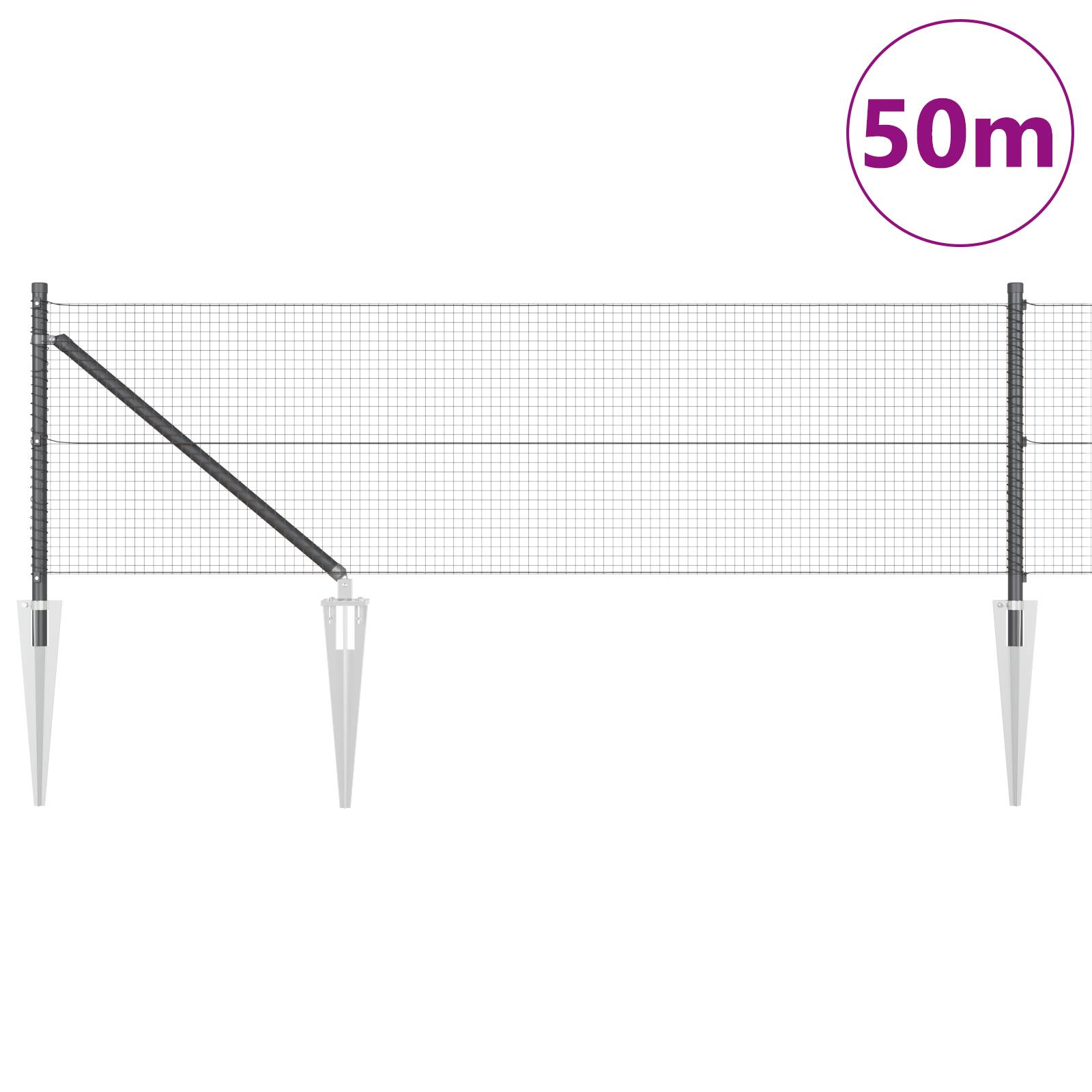vidaXL geschweißter Drahtzaun mit 13 Erdankern grau 0.8x50 m Stahl