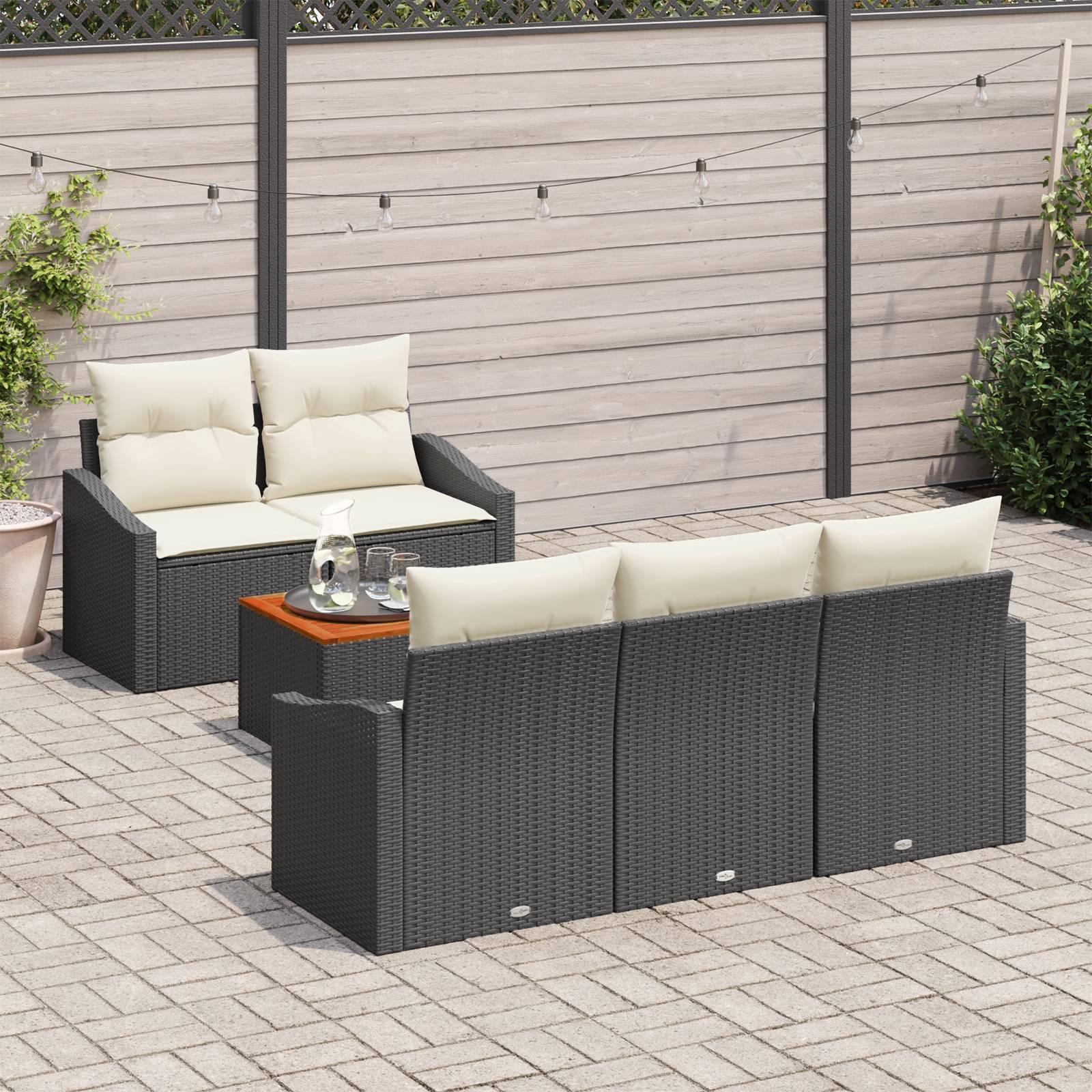 vidaXL 6-teiliges Garten-Sofaset mit Kissen Schwarz Poly-Rattan Akazie